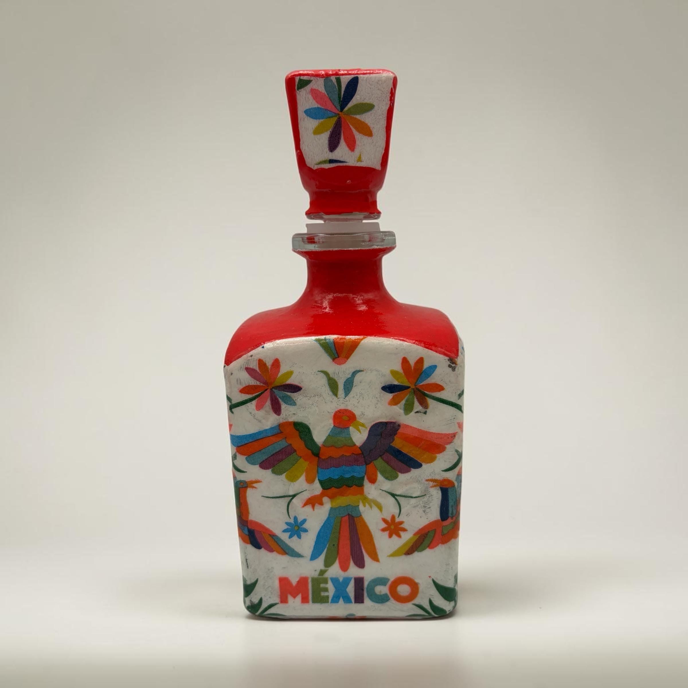 Decoupaged Tequila Bottle, Red Mexican Bird, Refillable Bar Art