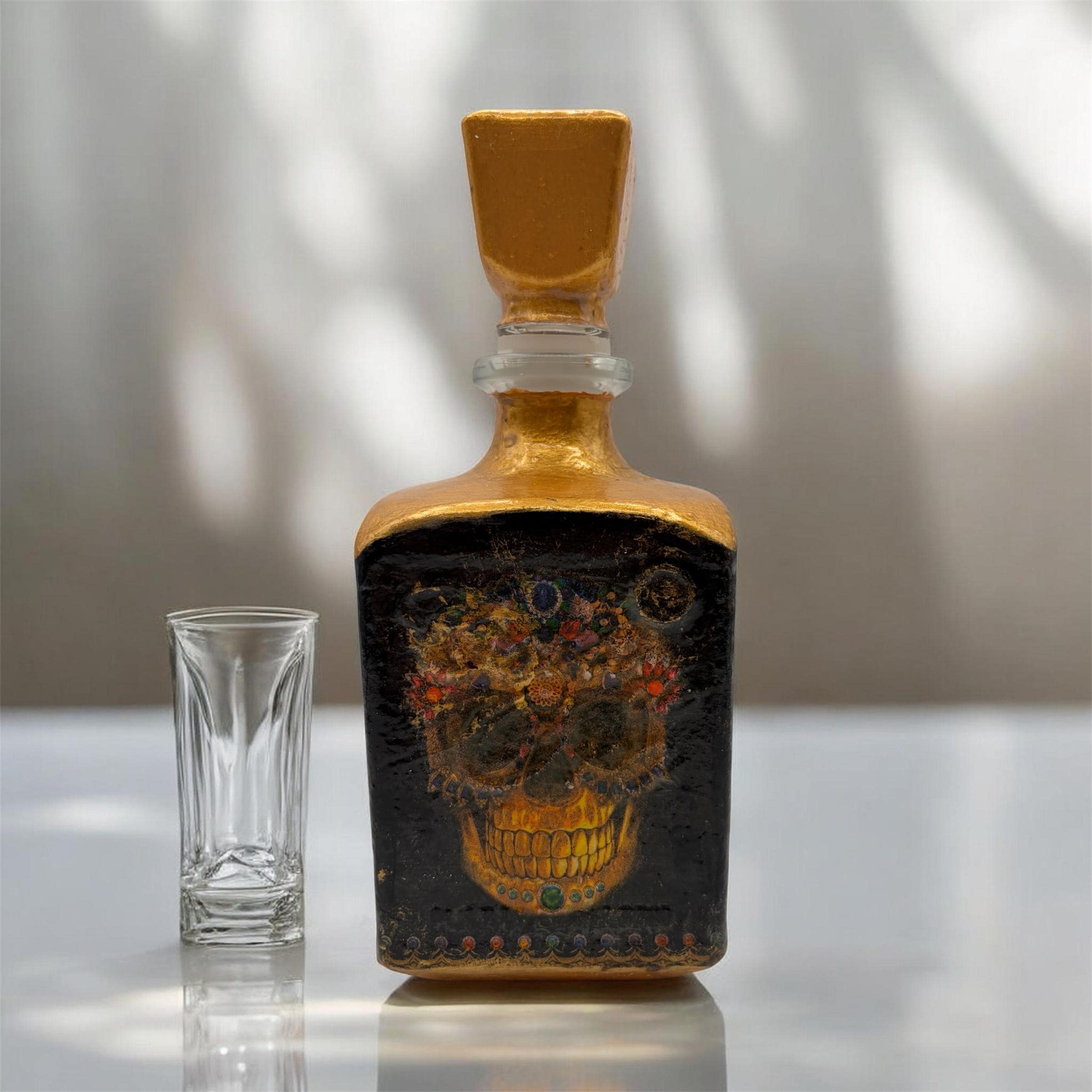 Decoupaged Tequila Bottle, Gold Skull Day of the Dead Bar Decor, Refillable Liquor Bottle, Mexican Handmade Bottle Art