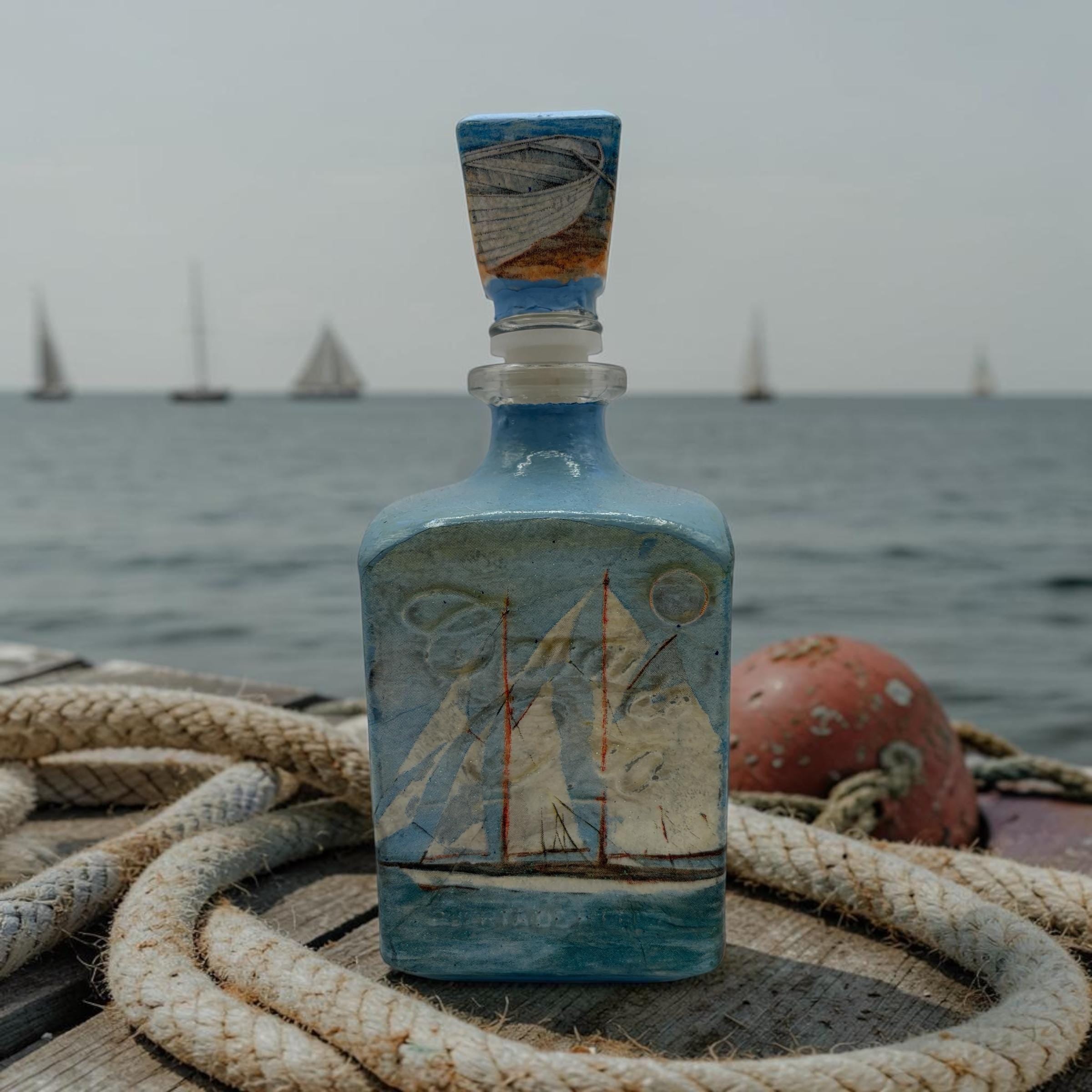 Hand-Decoupaged Tequila Bottle, Blue Sailboat Nautical Bar Decor
