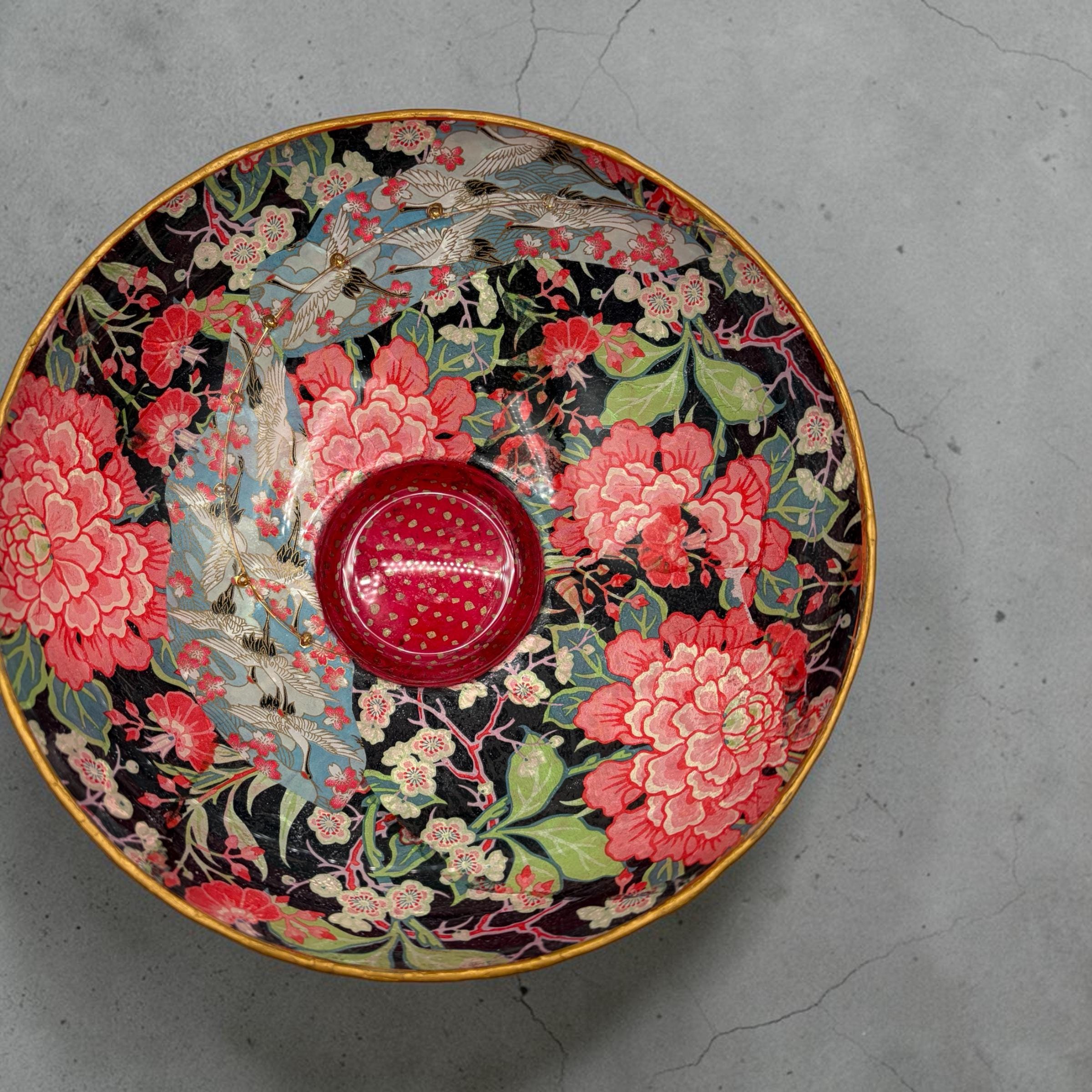 Vintage Decoupaged Japanese Art Bowl, Gold Edging, Pink Black Teal Centerpiece