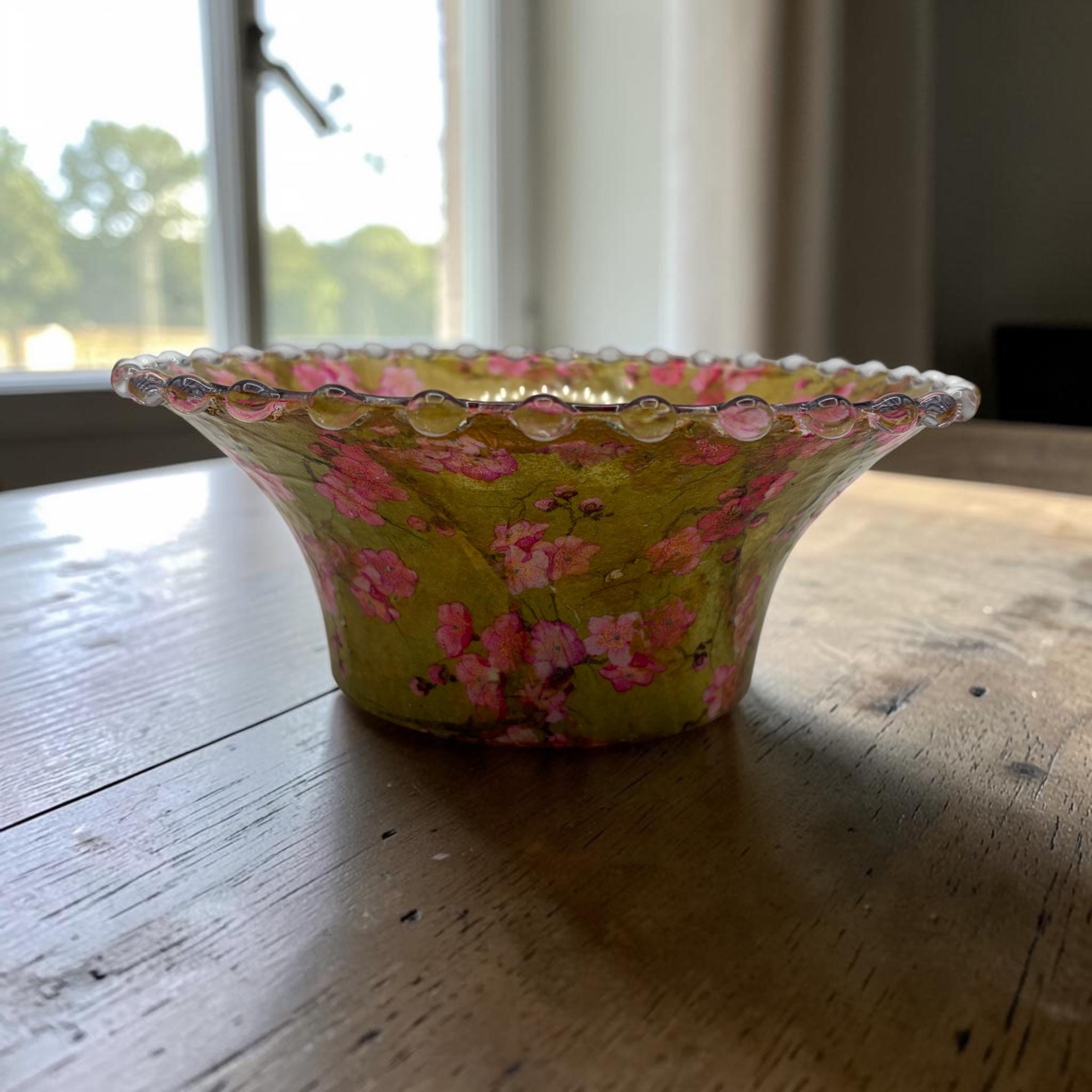 Vintage Fluted Bowl, Decoupaged Geisha Art, Pink Green Gold Centerpiece (Food Safe)