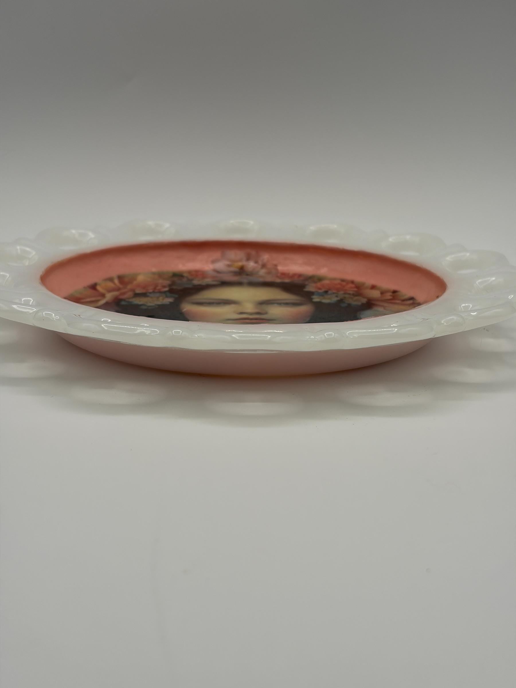 Vintage Milk Glass Scalloped Tray, Decoupage Flower Girl Art, Pink Blossom Vanity Dish