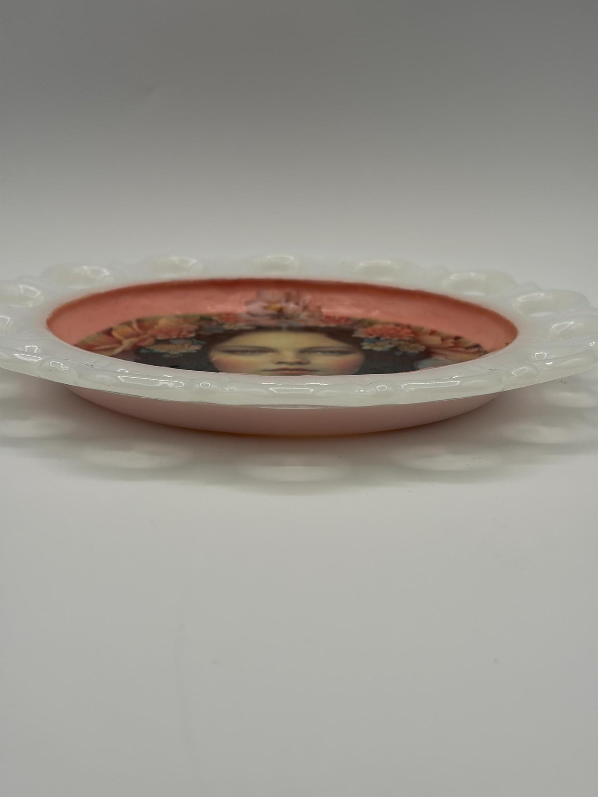 Vintage Milk Glass Scalloped Tray, Decoupage Flower Girl Art, Pink Blossom Vanity Dish