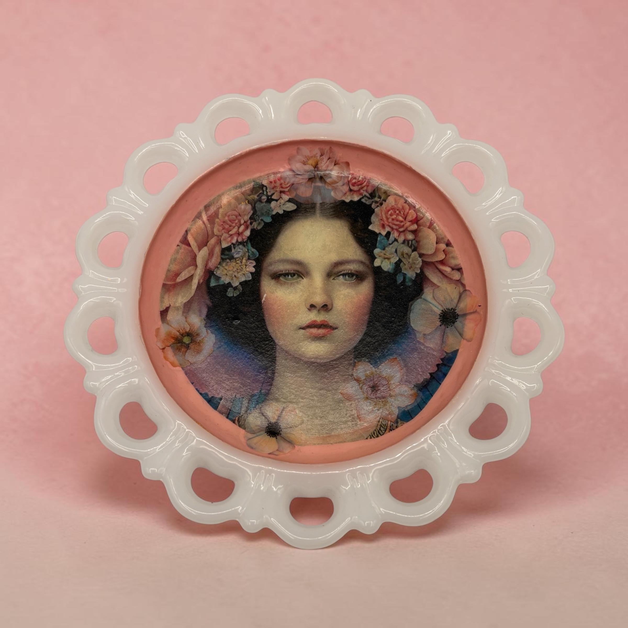 Vintage Milk Glass Scalloped Tray, Decoupage Flower Girl Art, Pink Blossom Vanity Dish