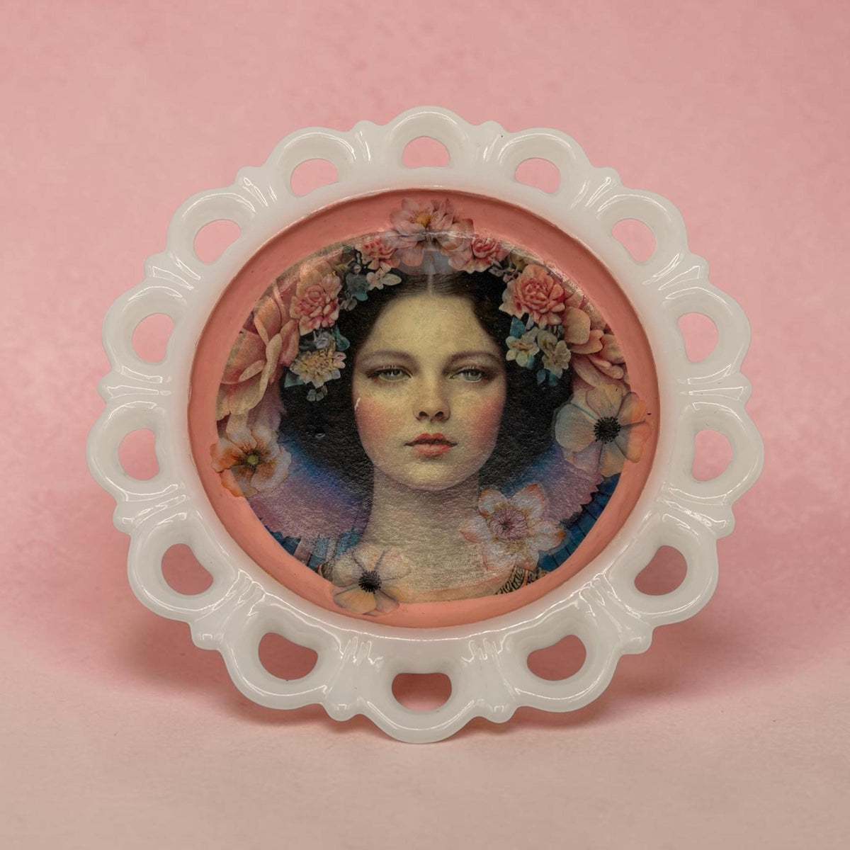 Vintage Milk Glass Scalloped Tray, Decoupage Flower Girl Art, Pink Blossom Vanity Dish