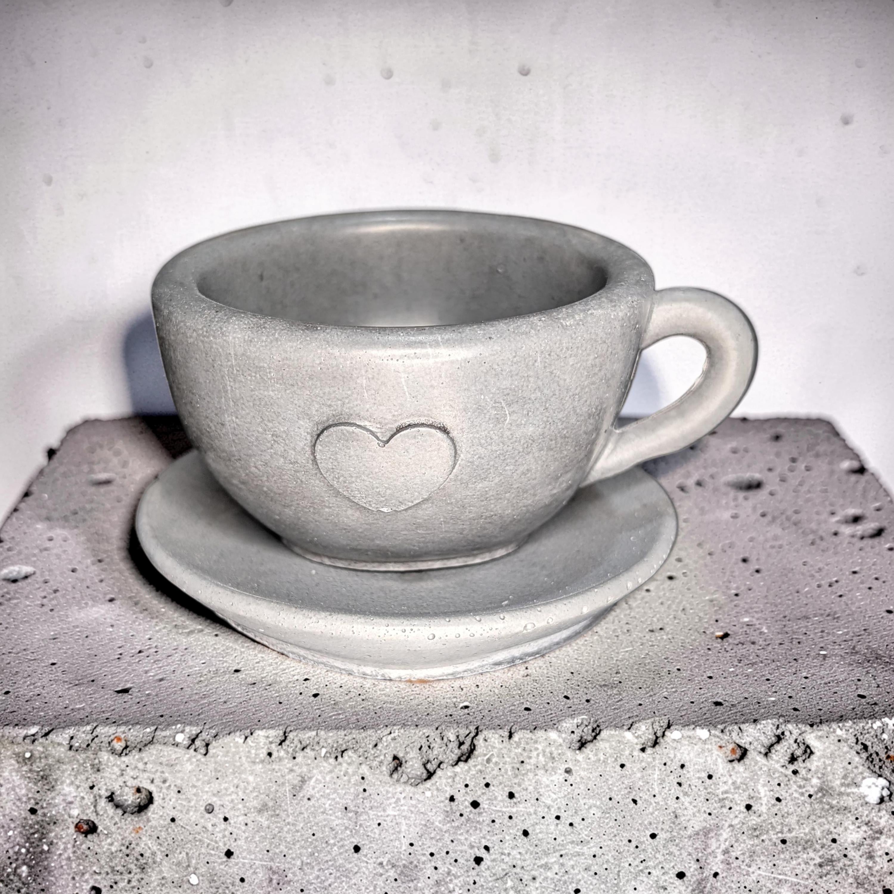 Minimalist Concrete Heart Teacup & Saucer Set | Modern Succulent Planter | Jewelry Dish | Minimalist Concrete Mug + Saucer Set
