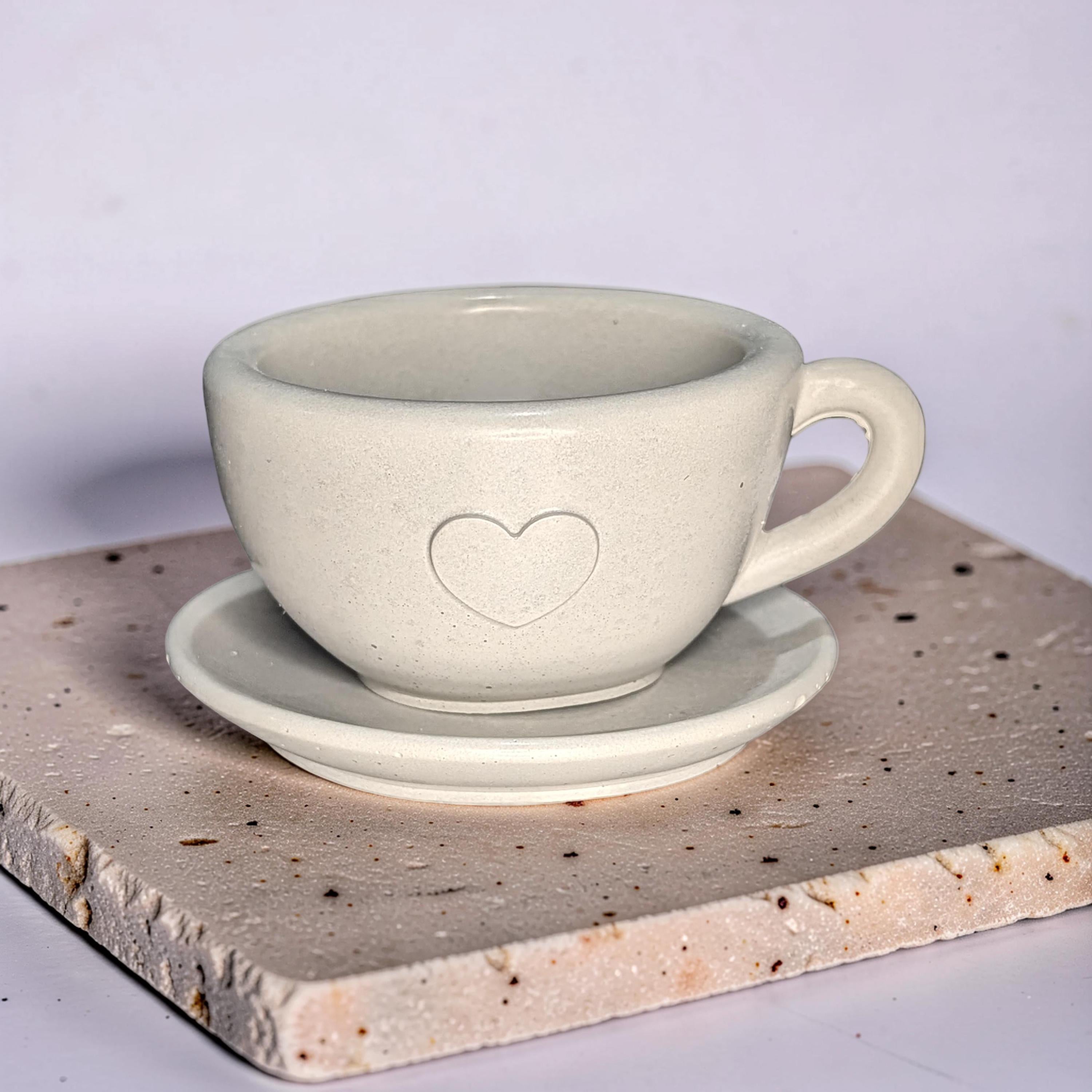 Minimalist Concrete Heart Teacup & Saucer Set | Modern Succulent Planter | Jewelry Dish | Minimalist Concrete Mug + Saucer Set