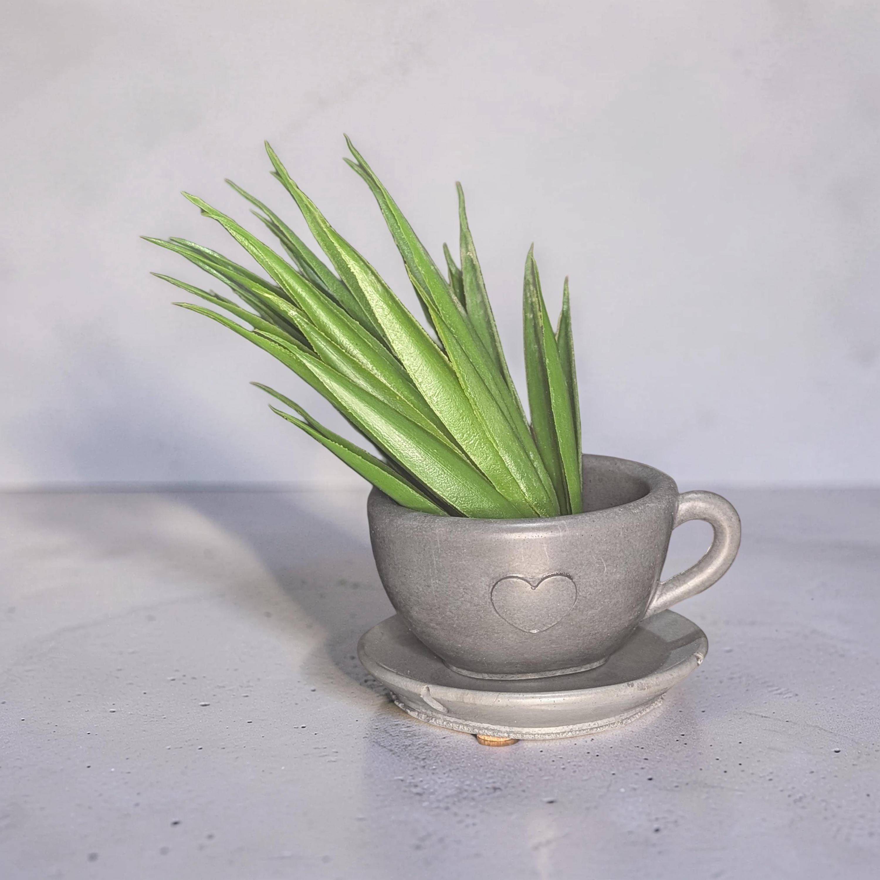 Minimalist Concrete Heart Teacup & Saucer Set | Modern Succulent Planter | Jewelry Dish | Minimalist Concrete Mug + Saucer Set