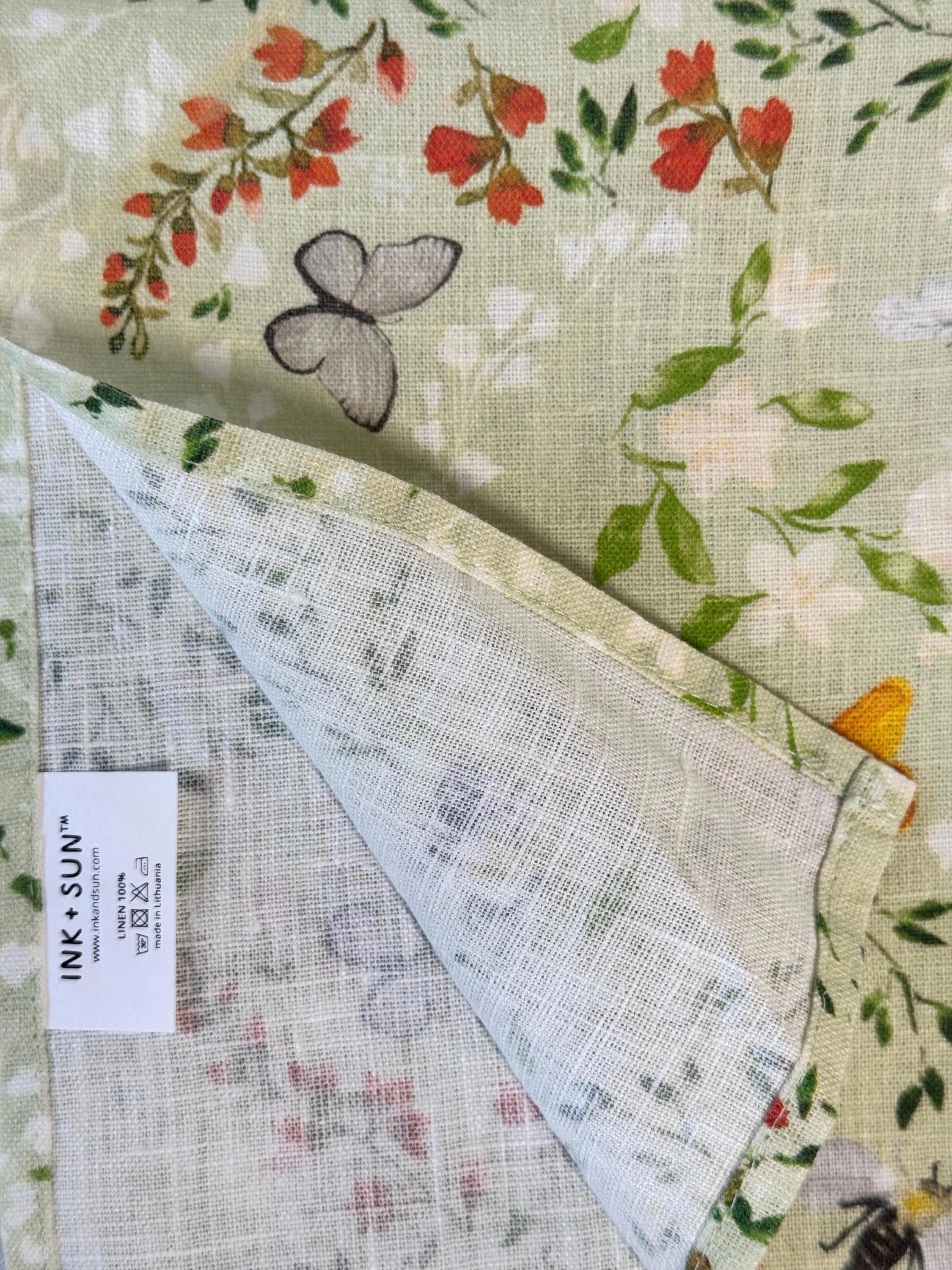 Bee Floral Moss Linen Napkins – Green Botanical Cloth Napkin Set – Garden Table Decor
