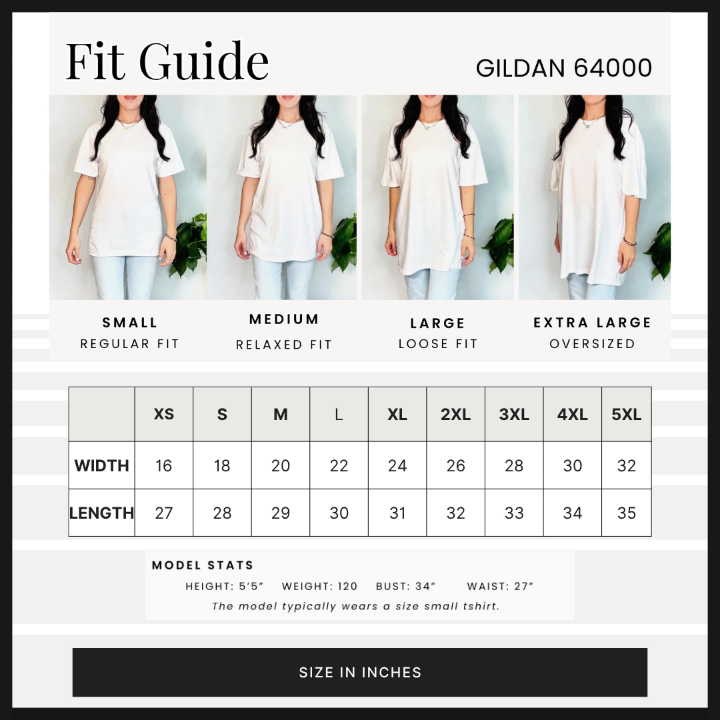Gildan 64000 fit guide with size and measurement chart.