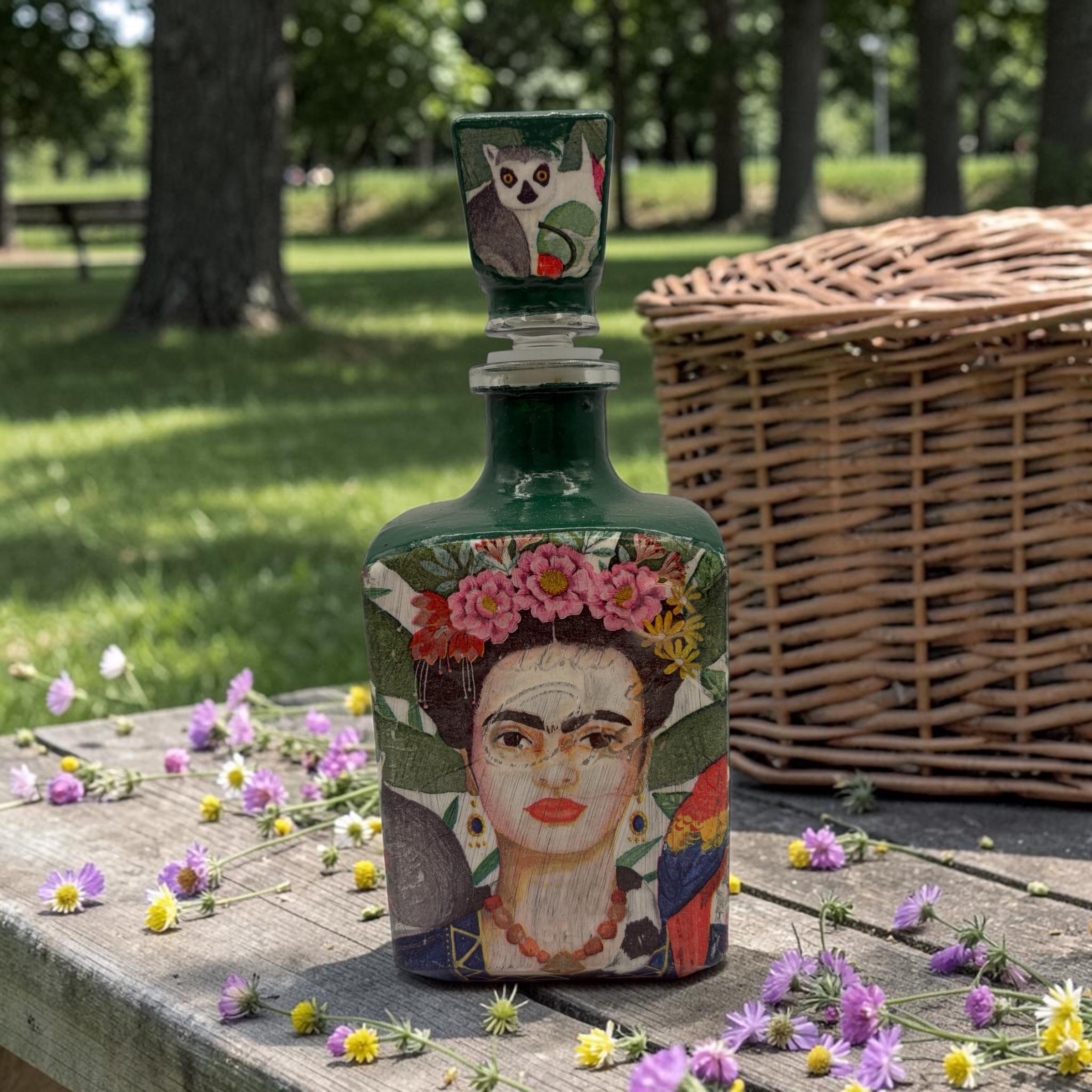 Decoupaged Frida Kahlo Tequila Bottle, Green Refillable Bar Art