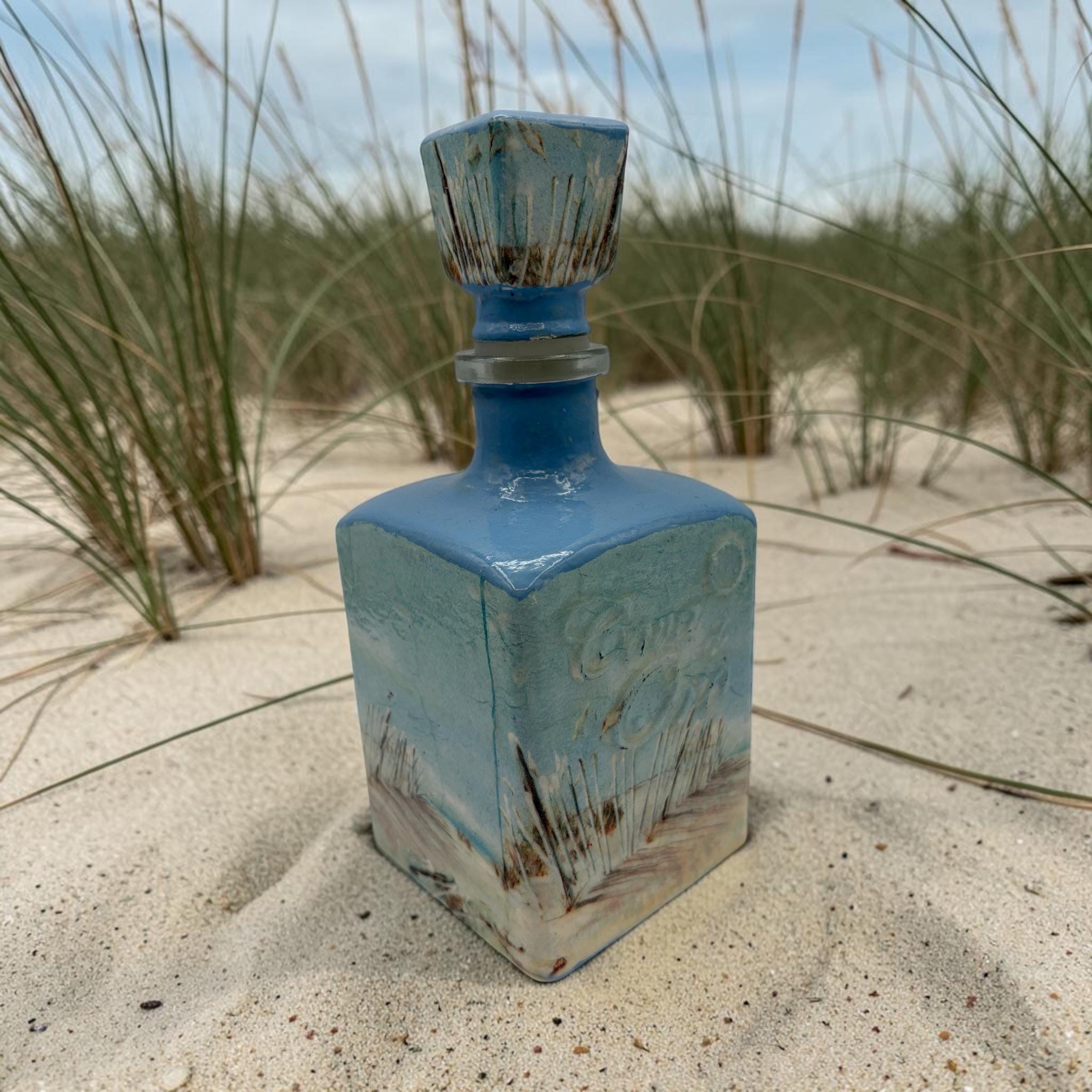 Hand-Decoupaged Tequila Bottle, Blue Beach Grass Coastal Bar Decor