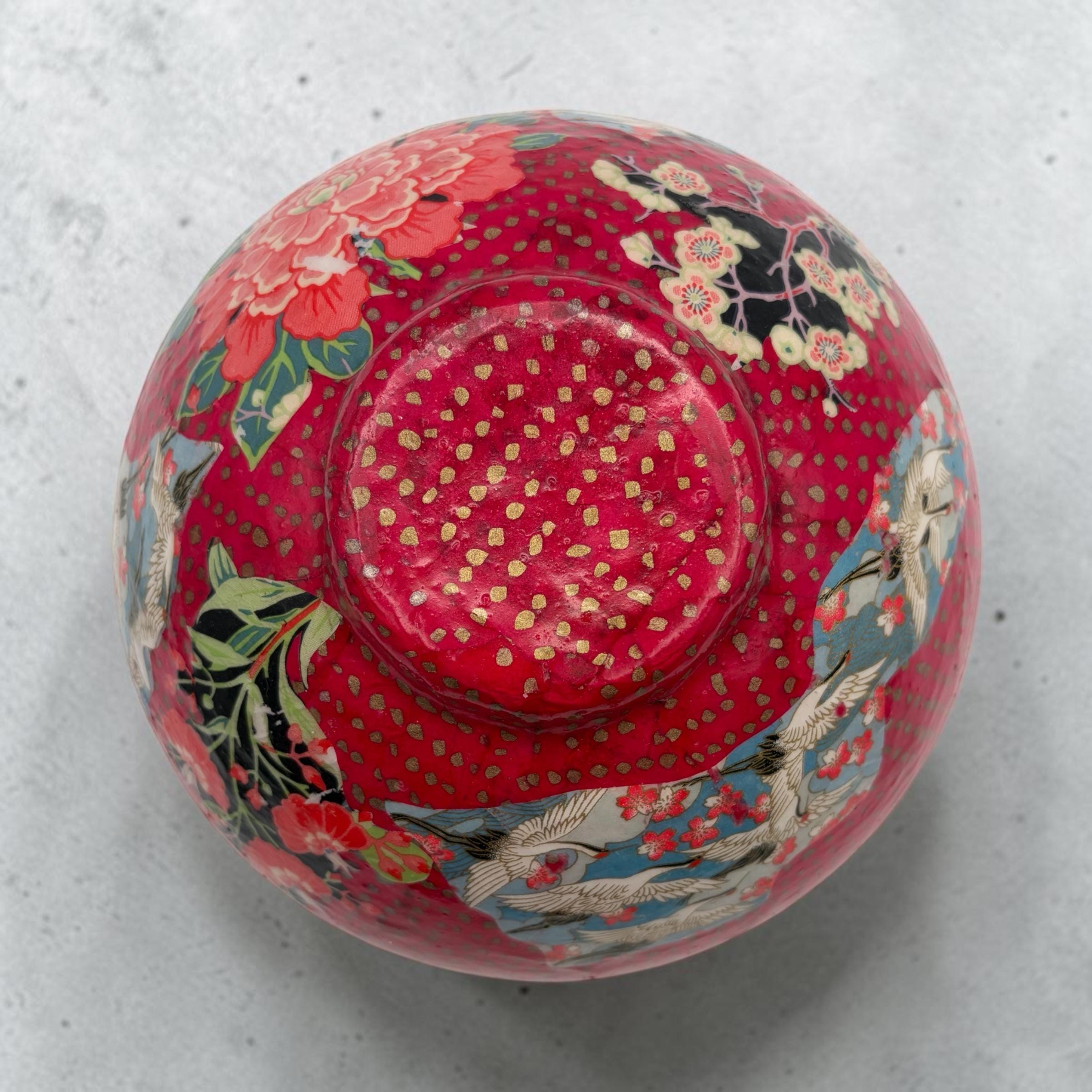 Vintage Decoupaged Japanese Art Bowl, Gold Edging, Pink Black Teal Centerpiece