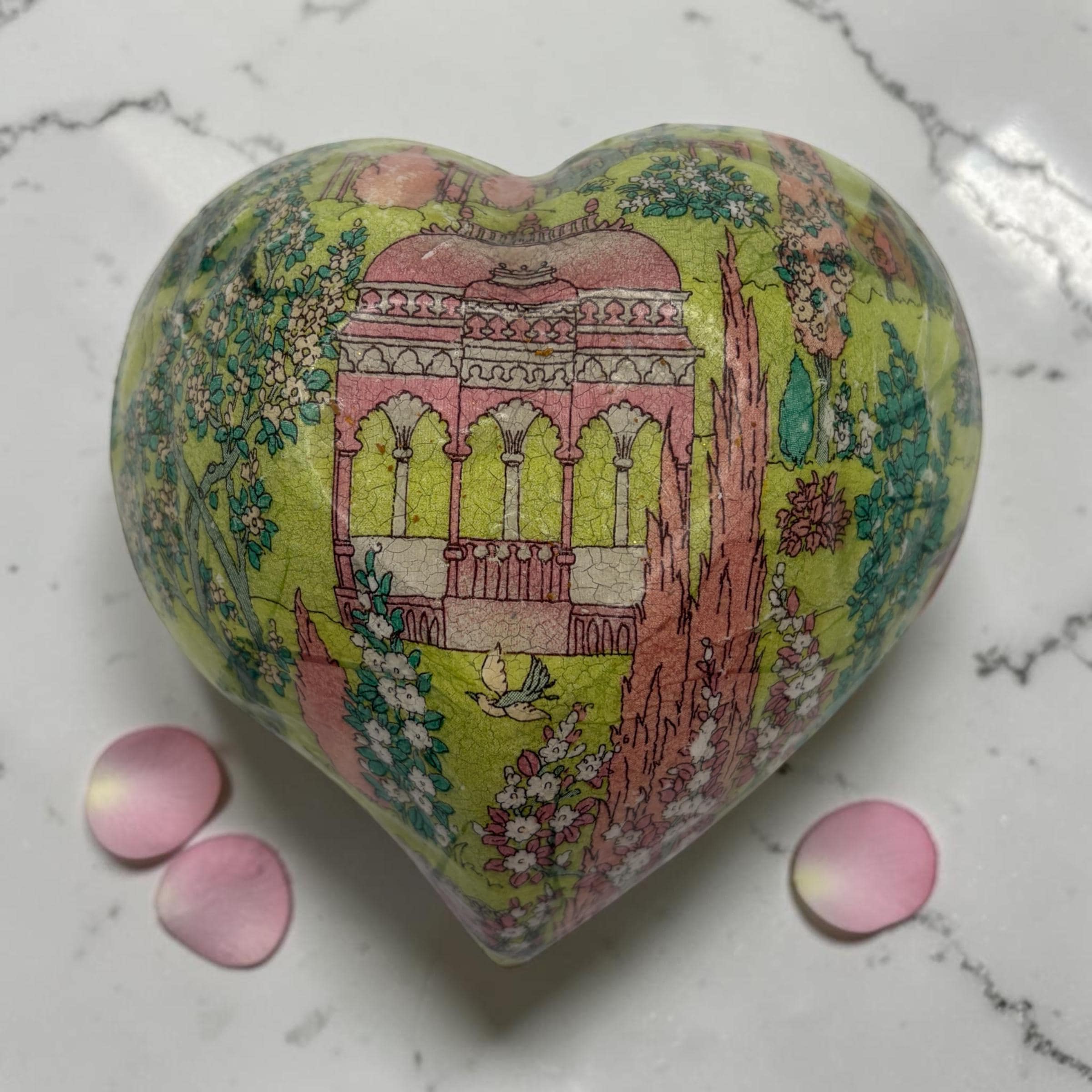 Vintage Crystal Heart Trinket Dish, Gold Edge Floral Decoupaged Ring Holder