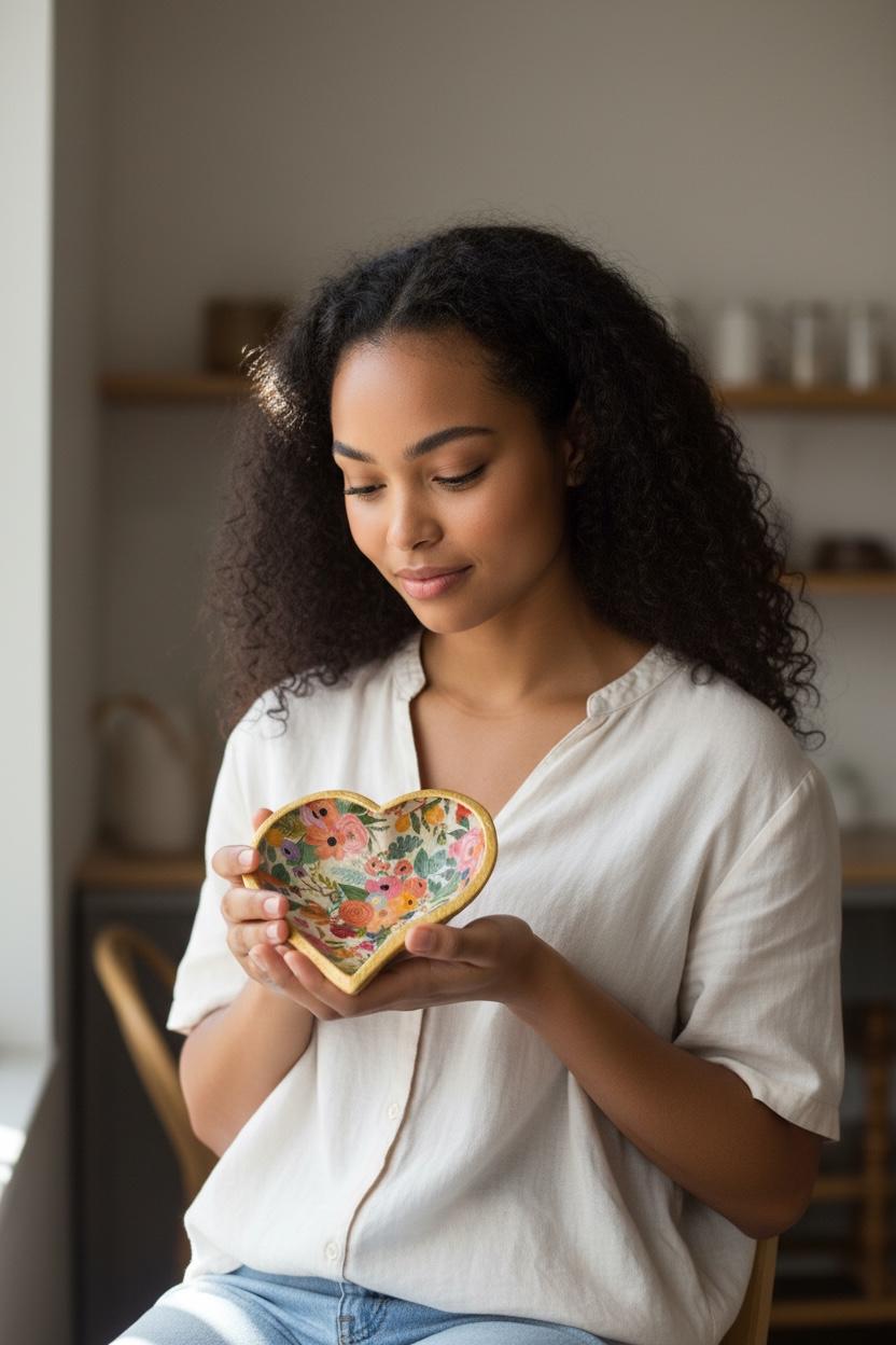 Vintage Crystal Heart Trinket Dish, Gold Edge Floral Decoupaged Ring Holder