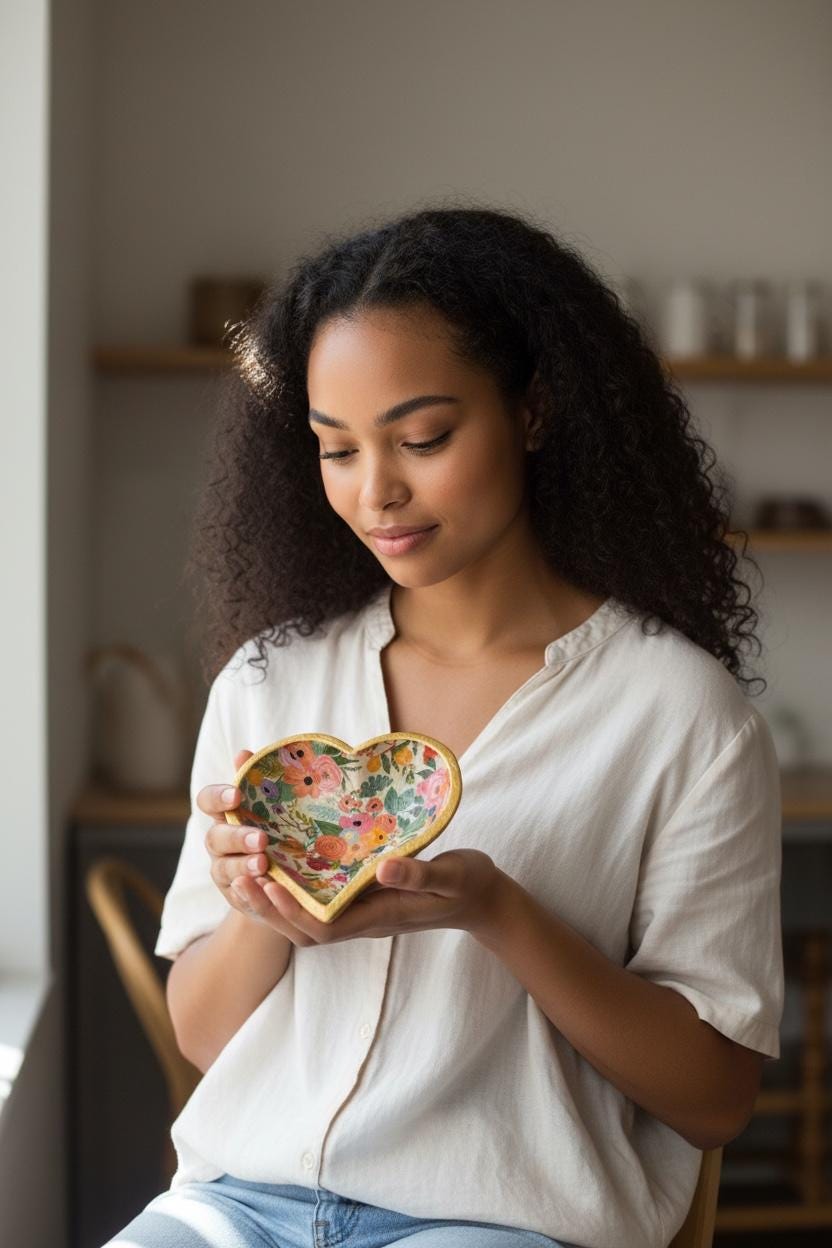 Vintage Crystal Heart Trinket Dish, Gold Edge Floral Decoupaged Ring Holder