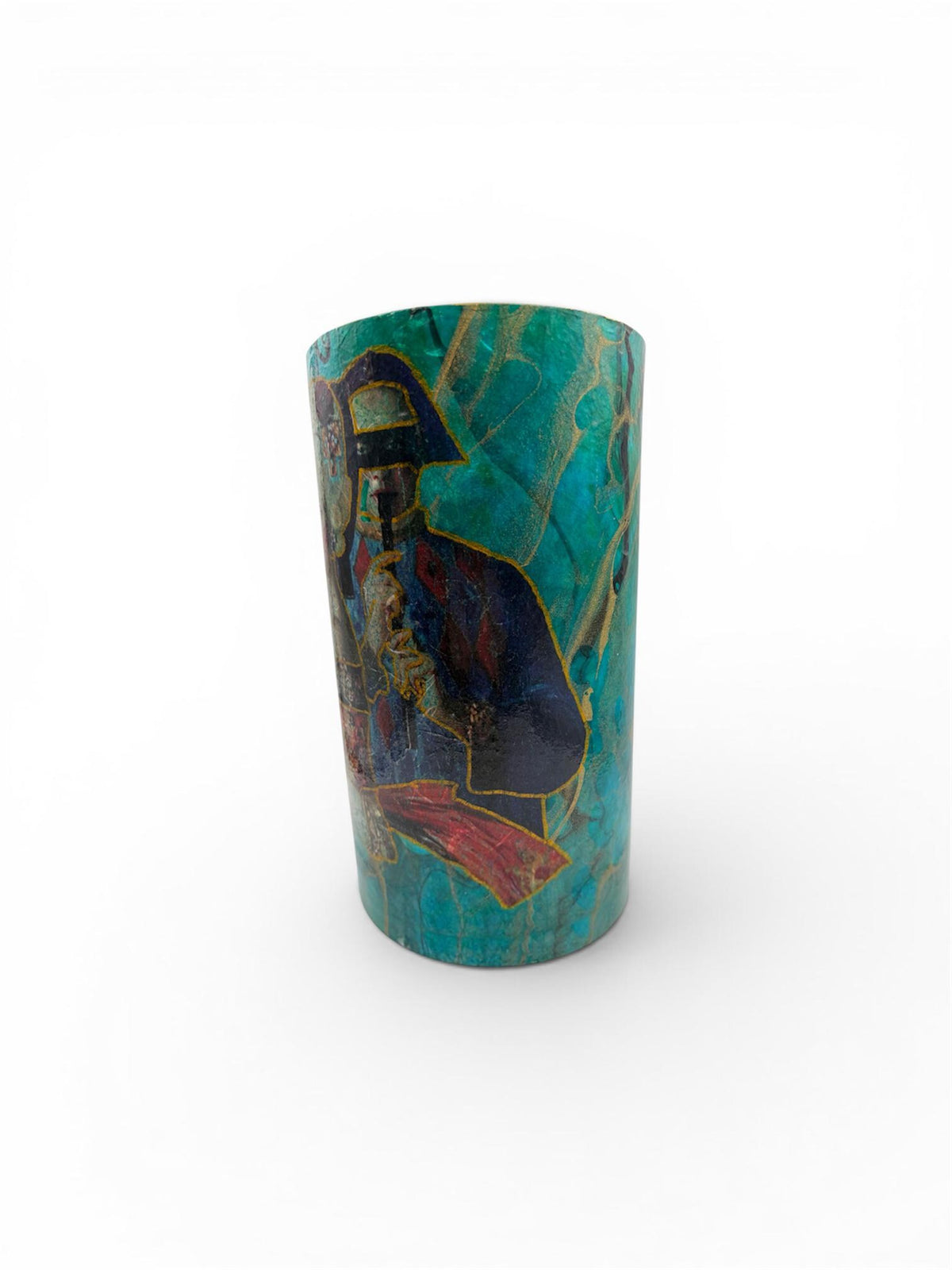 Handmade Decoupaged Glass Vase, Teal Gold Art, Tall Floral Decor