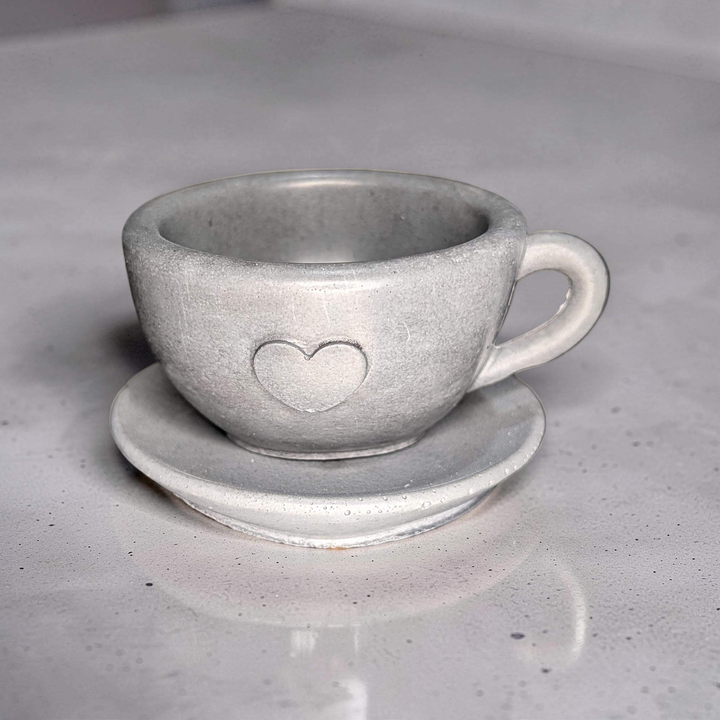 Minimalist Concrete Heart Teacup & Saucer Set | Modern Succulent Planter | Jewelry Dish | Minimalist Concrete Mug + Saucer Set