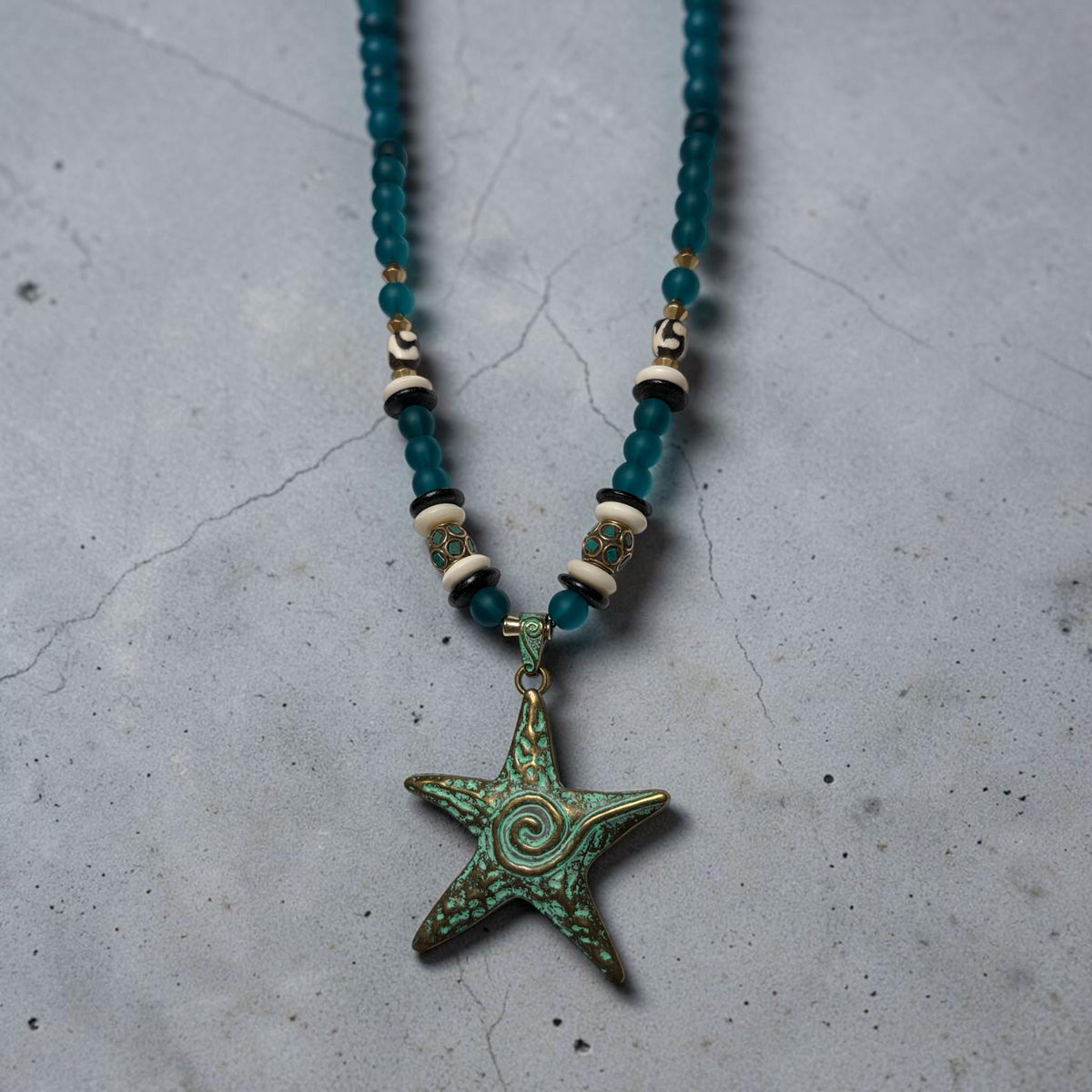 Handmade Turquoise Starfish Pendant Necklace, Peacock Blue Recycled Glass, Tribal Boho Style