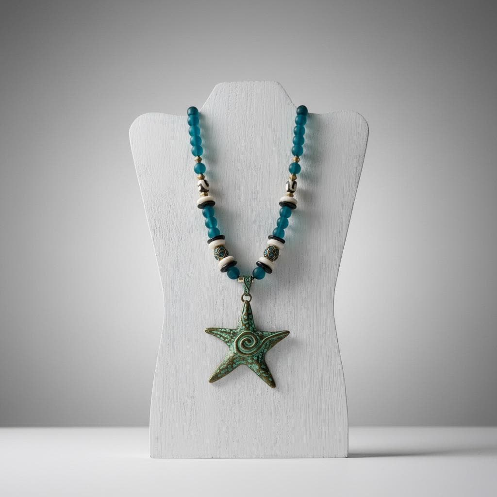 Handmade Turquoise Starfish Pendant Necklace, Peacock Blue Recycled Glass, Tribal Boho Style