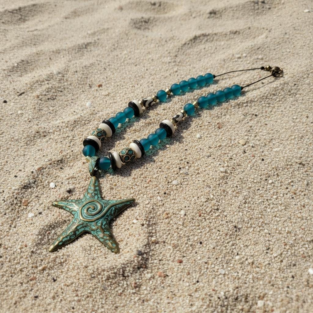 Handmade Turquoise Starfish Pendant Necklace, Peacock Blue Recycled Glass, Tribal Boho Style