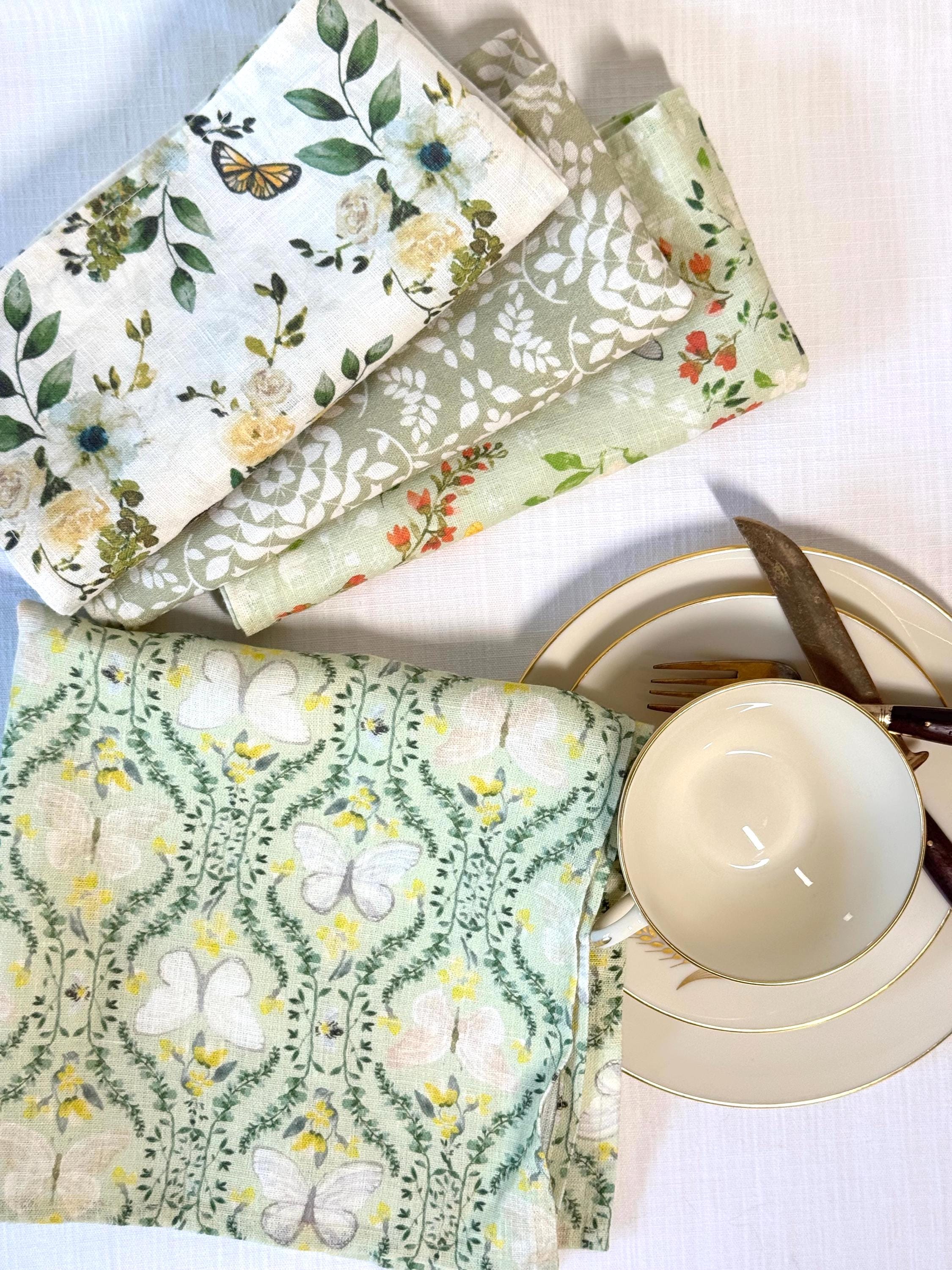 Butterfly Trellis Napkins – Sage Green Linen Napkin – Botanical Table Decor