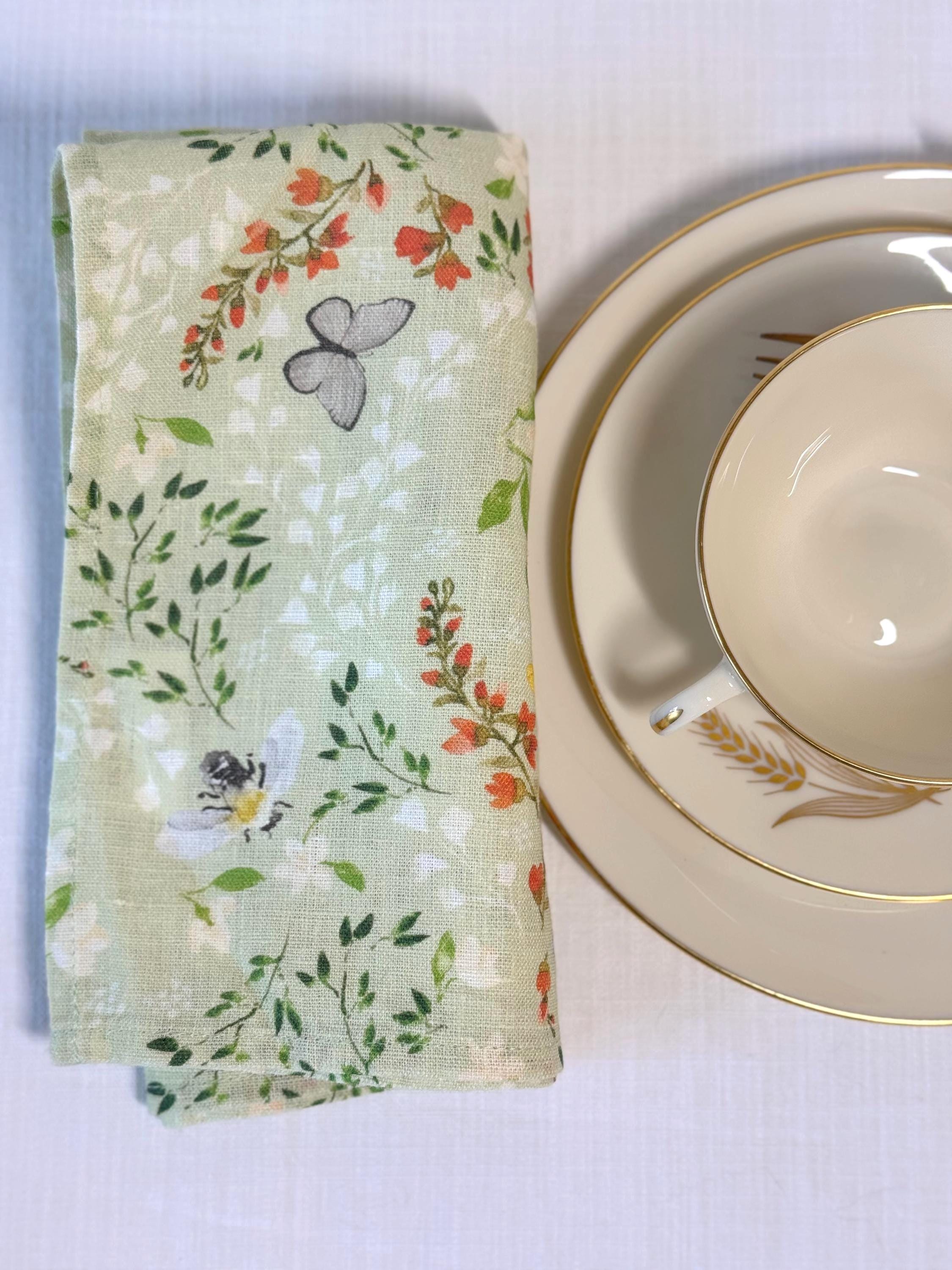 Bee Floral Moss Linen Napkins – Green Botanical Cloth Napkin – Garden Table Decor