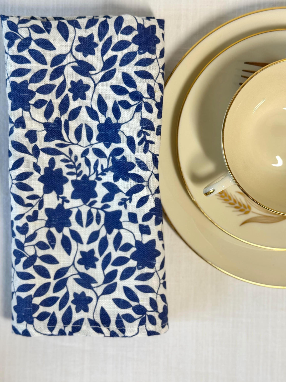 Blue Botanical Napkins – Linen Cloth Napkin – Floral Table Decor