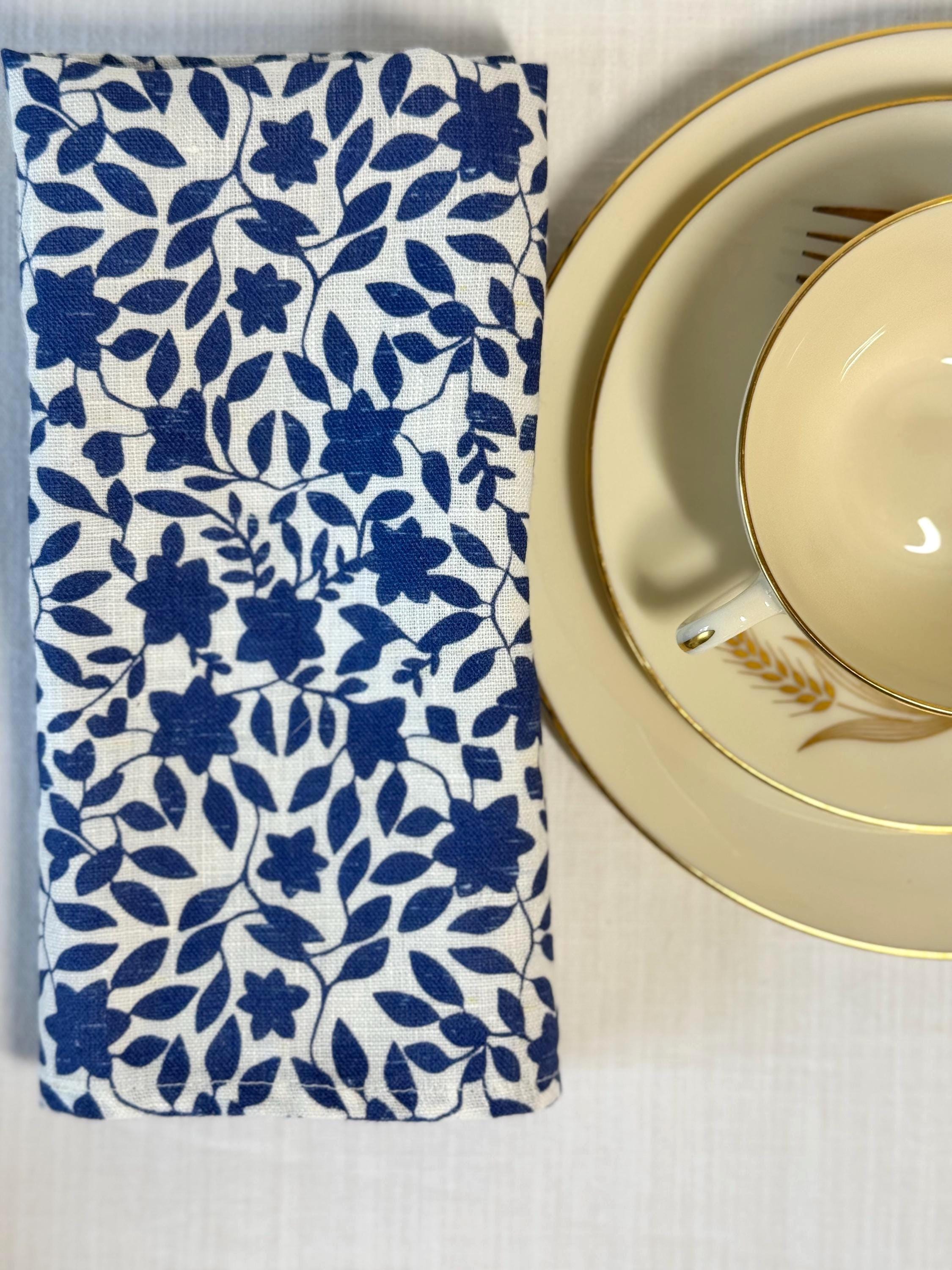 Blue Botanical Napkins – Linen Cloth Napkin – Floral Table Decor