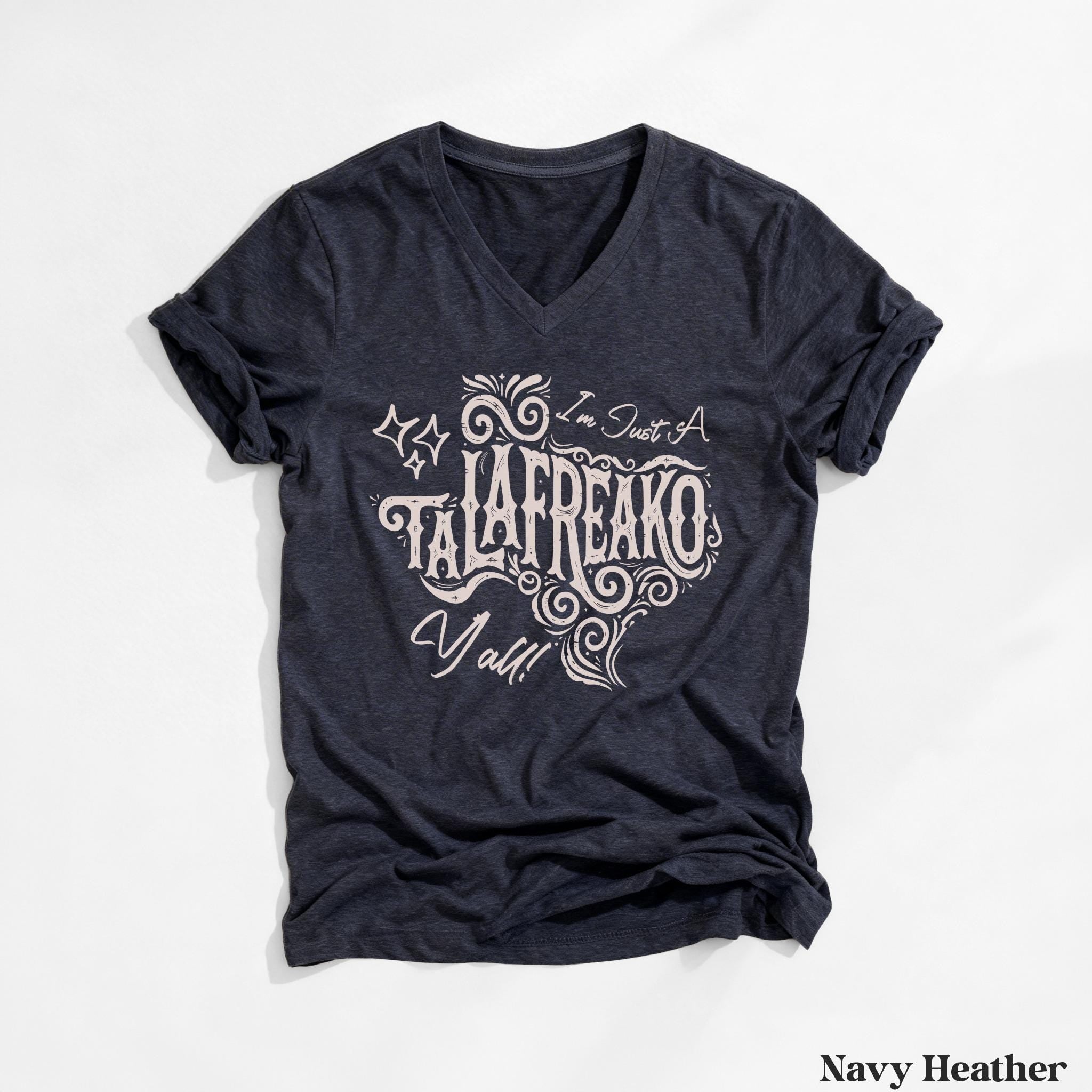 Navy v-neck t-shirt with "I&