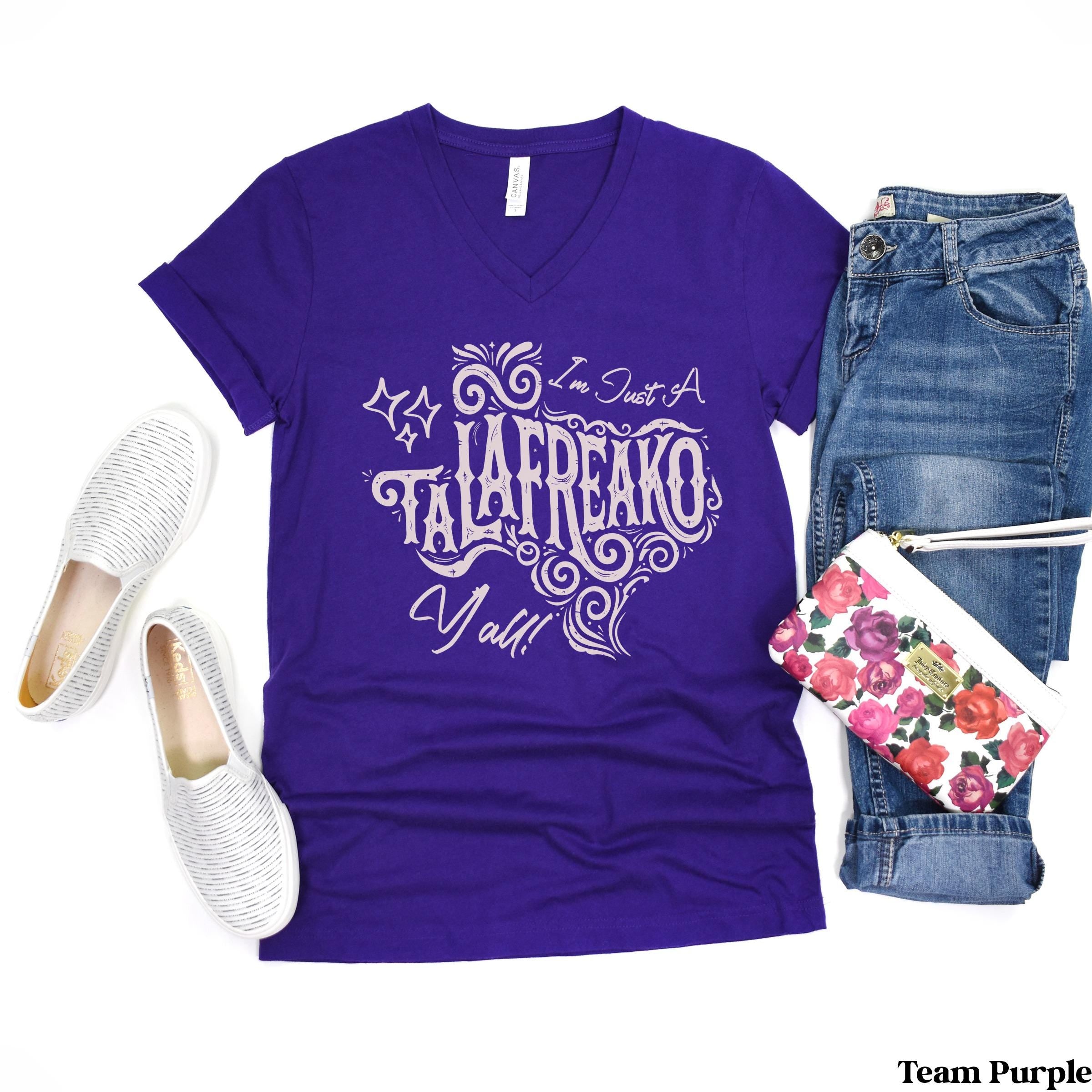Purple v-neck t-shirt with "I&