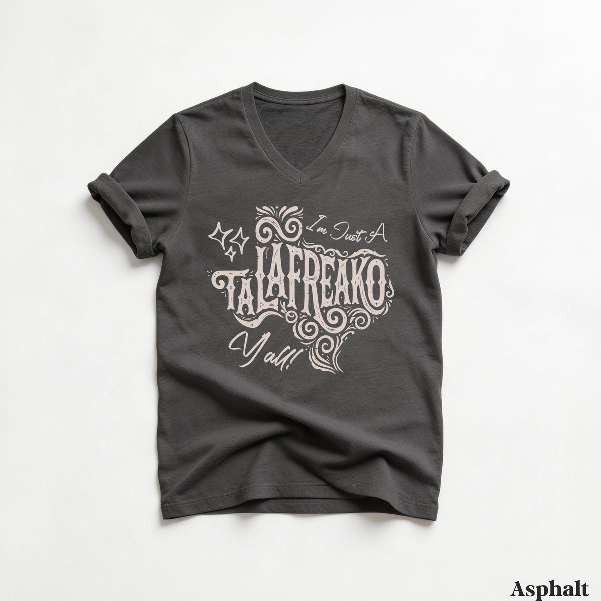 Dark gray v-neck t-shirt with "I&