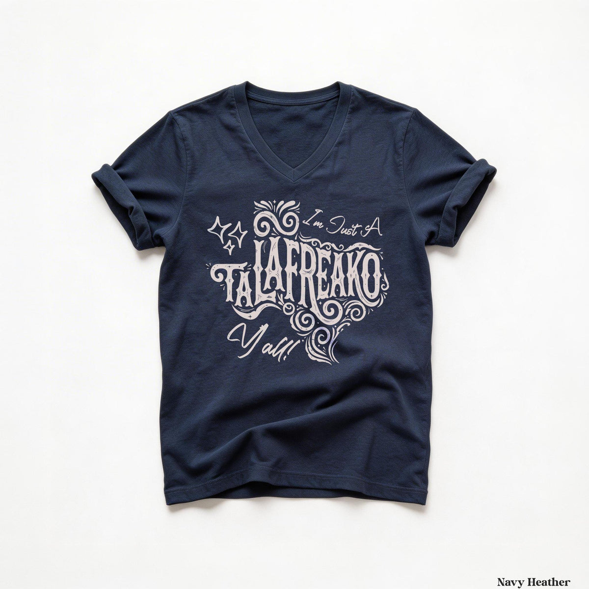 Navy v-neck t-shirt with "I&