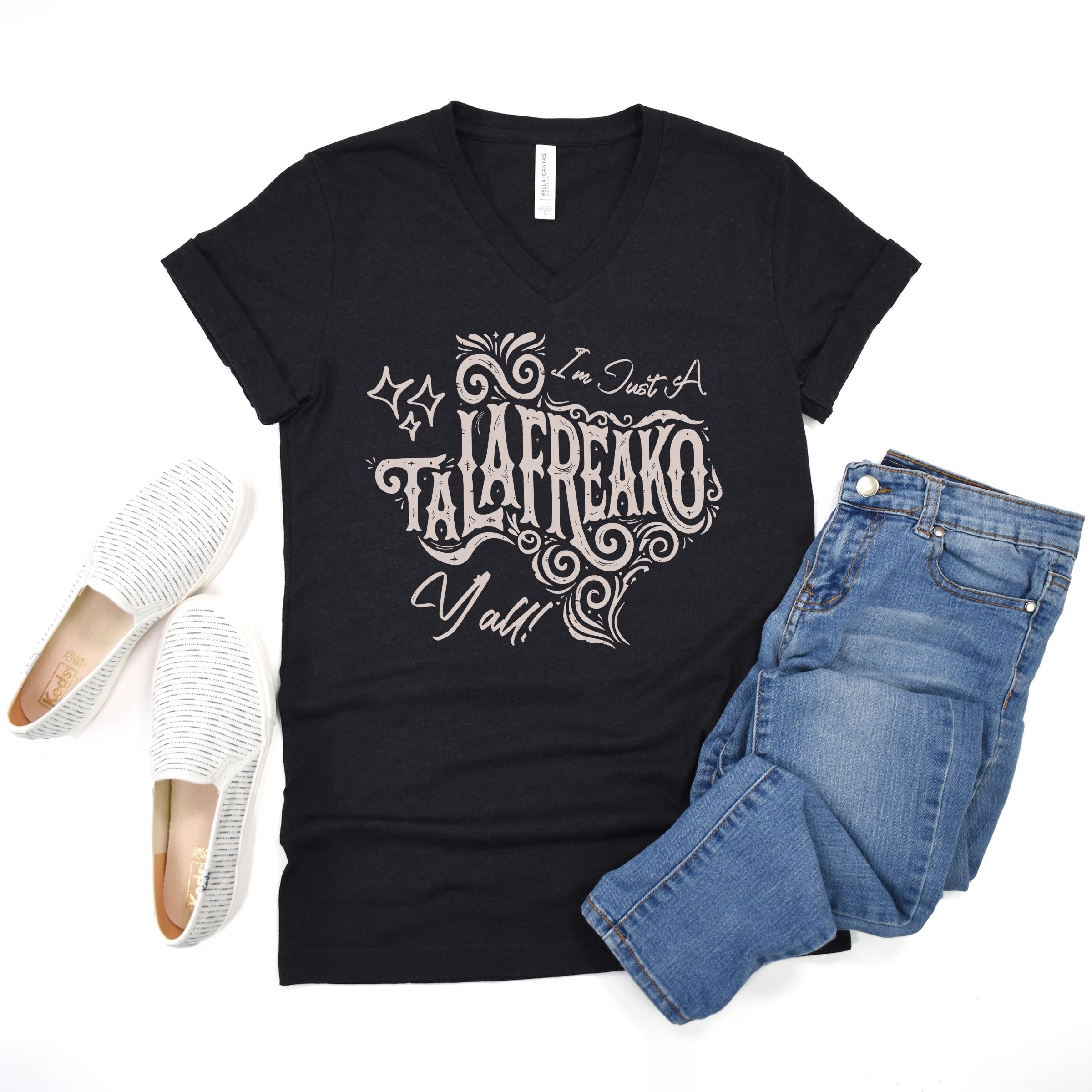 Black v-neck t-shirt with "I&