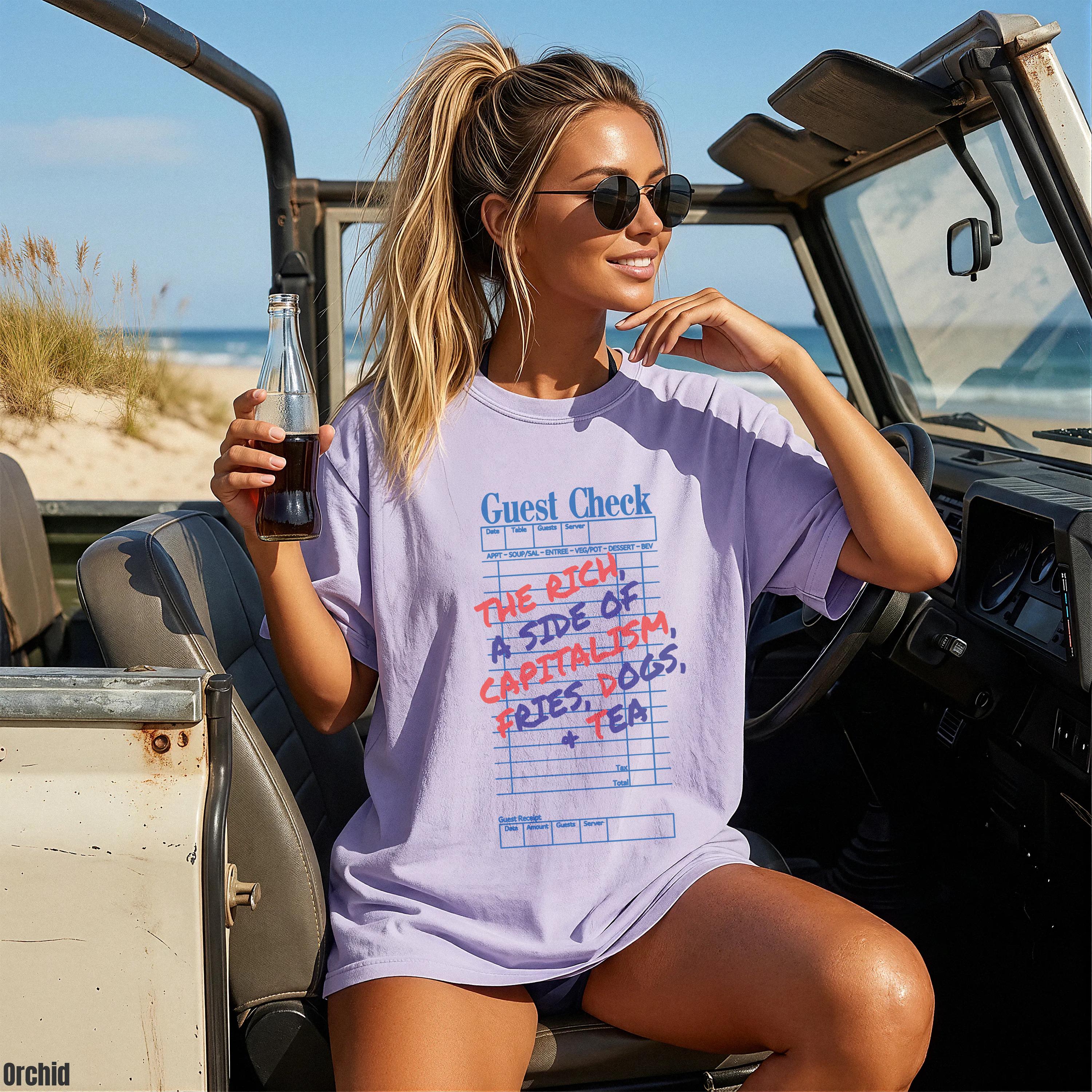 Purple t-shirt with "Guest Check" and "The Rich: A Side of Capitalism" text.