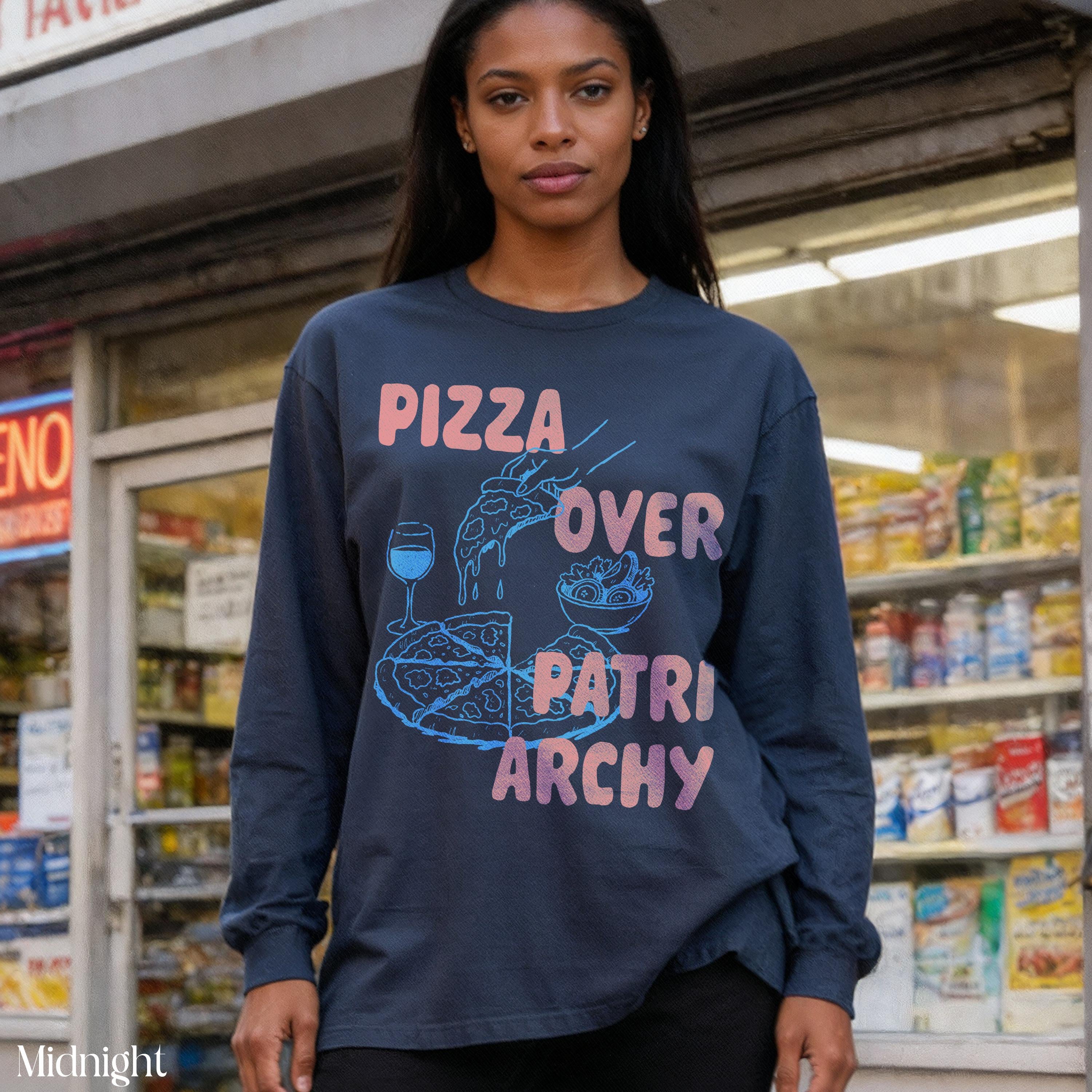 Long sleeve navy t-shirt with "Pizza Over Patriarchy" graphic featuring pizza slices.