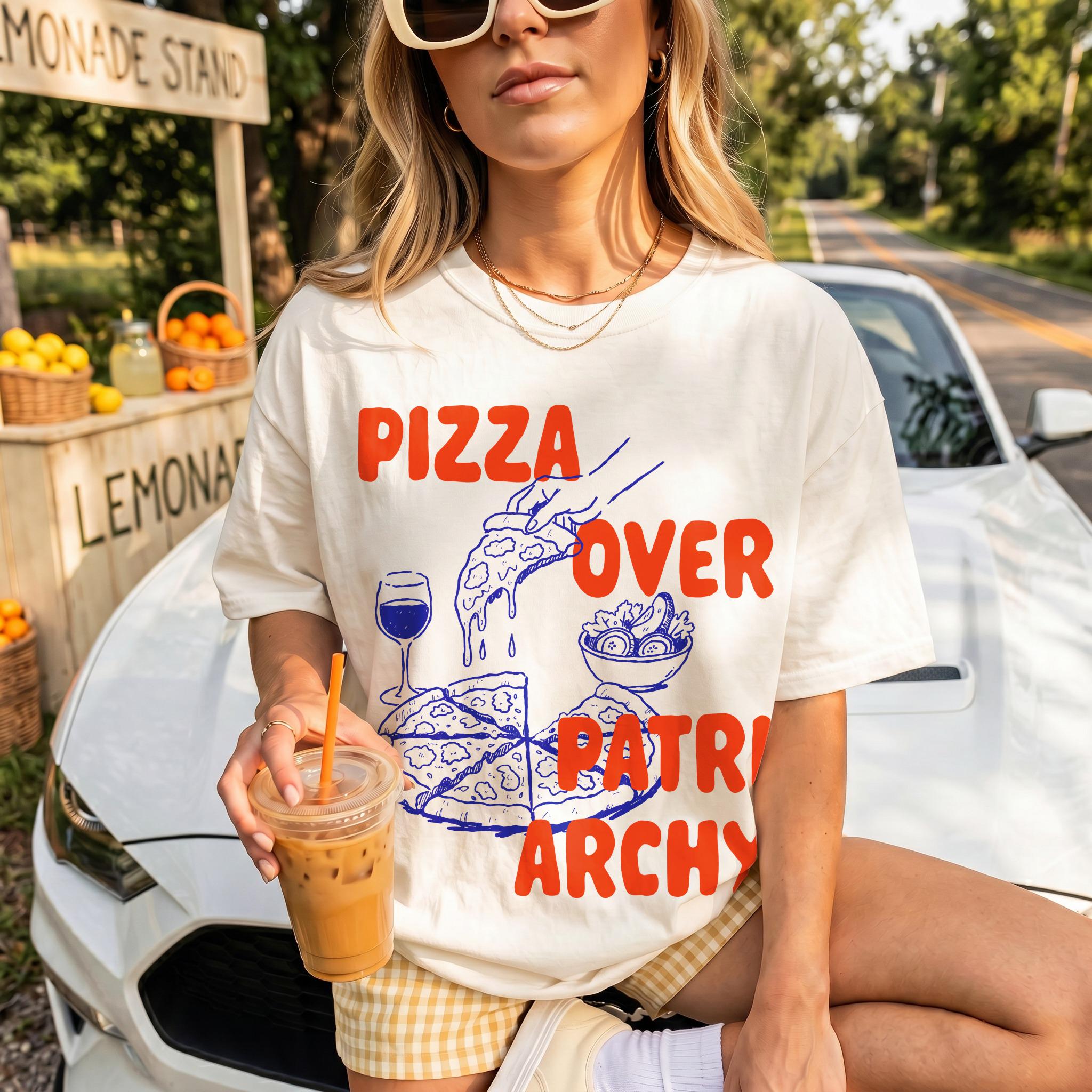 T-shirt with "Pizza Over Patriarchy" graphic and pizza illustrations.
