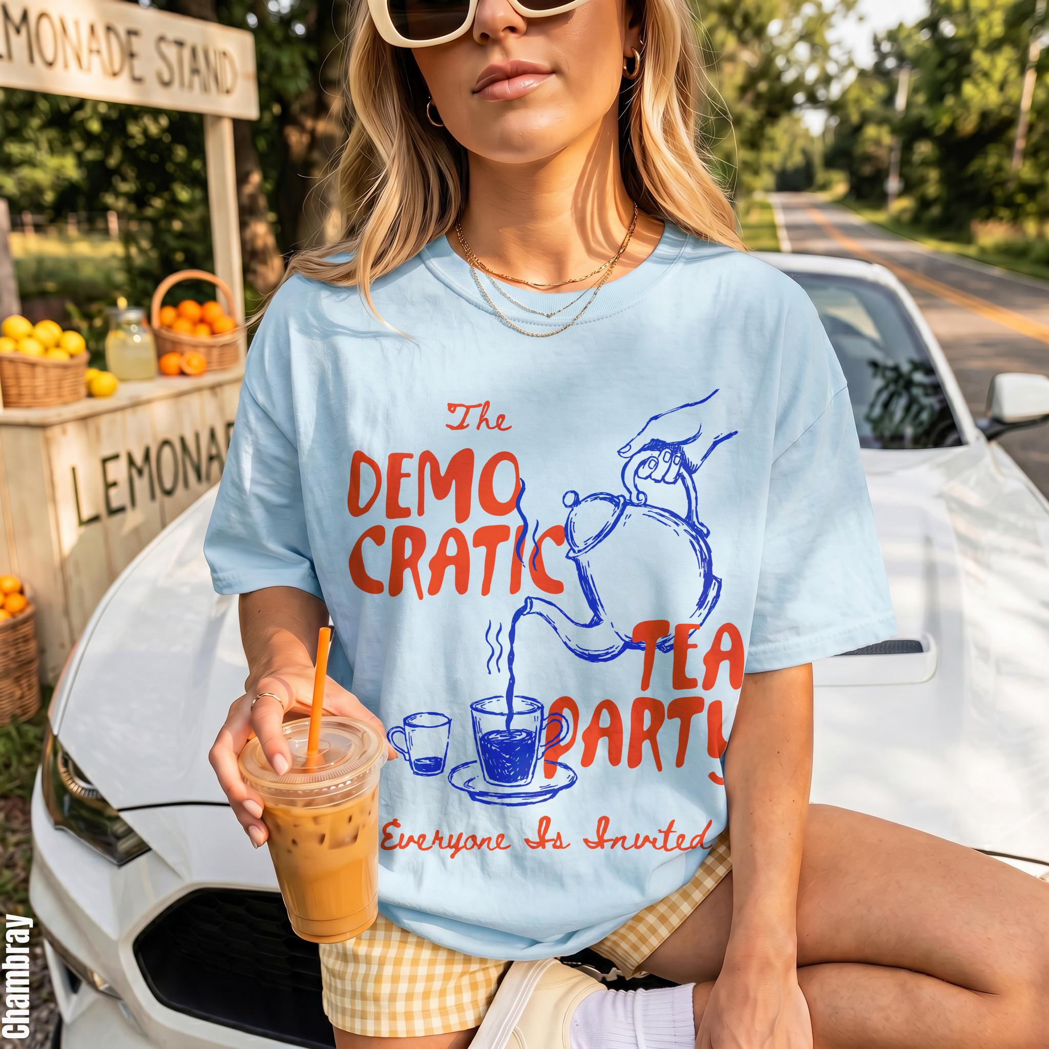 Light blue t-shirt with text "The DEMO CRATIC TEA PARTY Everyone Is Invited".