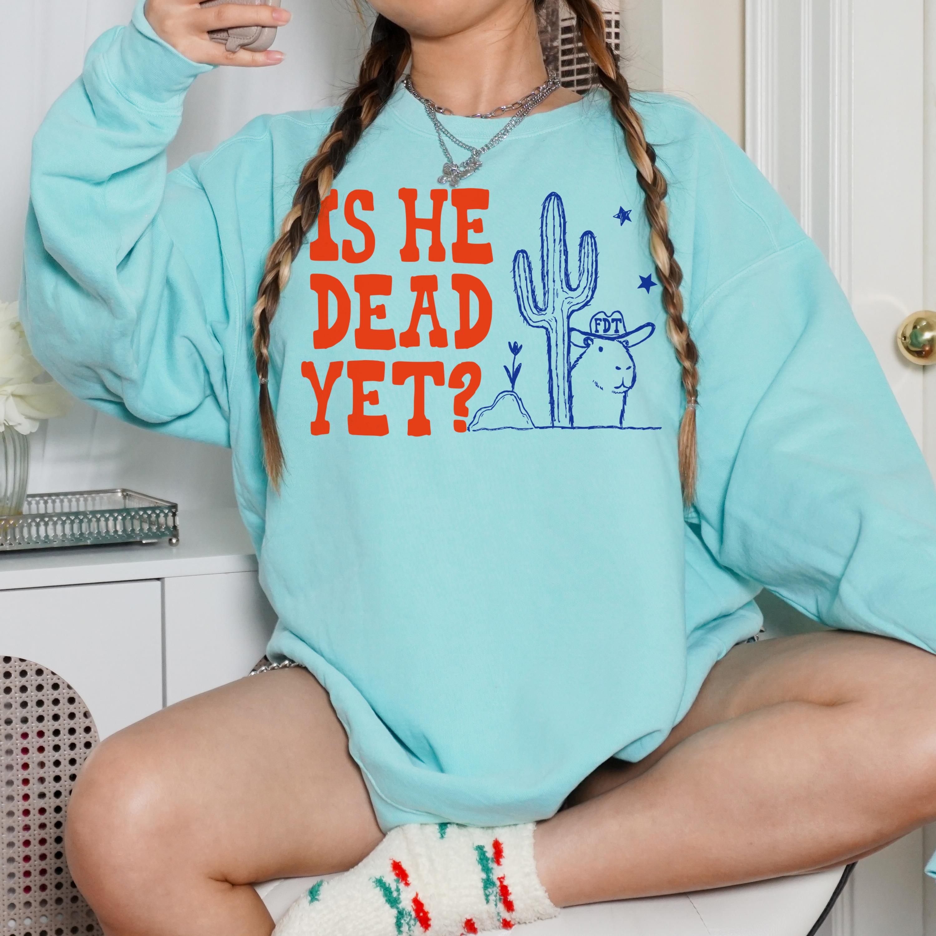 Teal sweatshirt with orange text "IS HE DEAD YET?" and desert graphic.