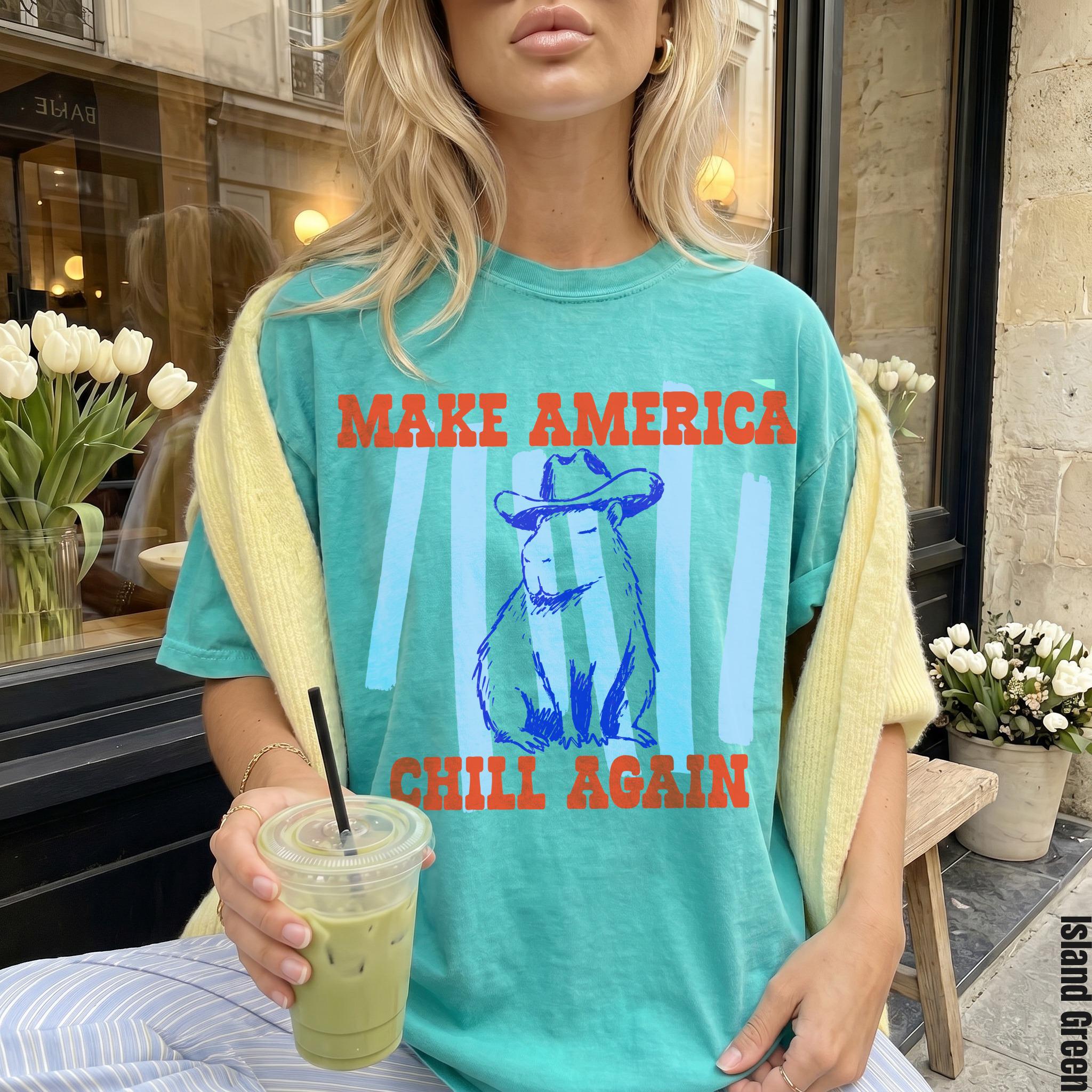 Funny Capybara T-Shirt - Make America Chill Again Cowboy Hat Progressive Liberal Anti Trump Tee Shirt