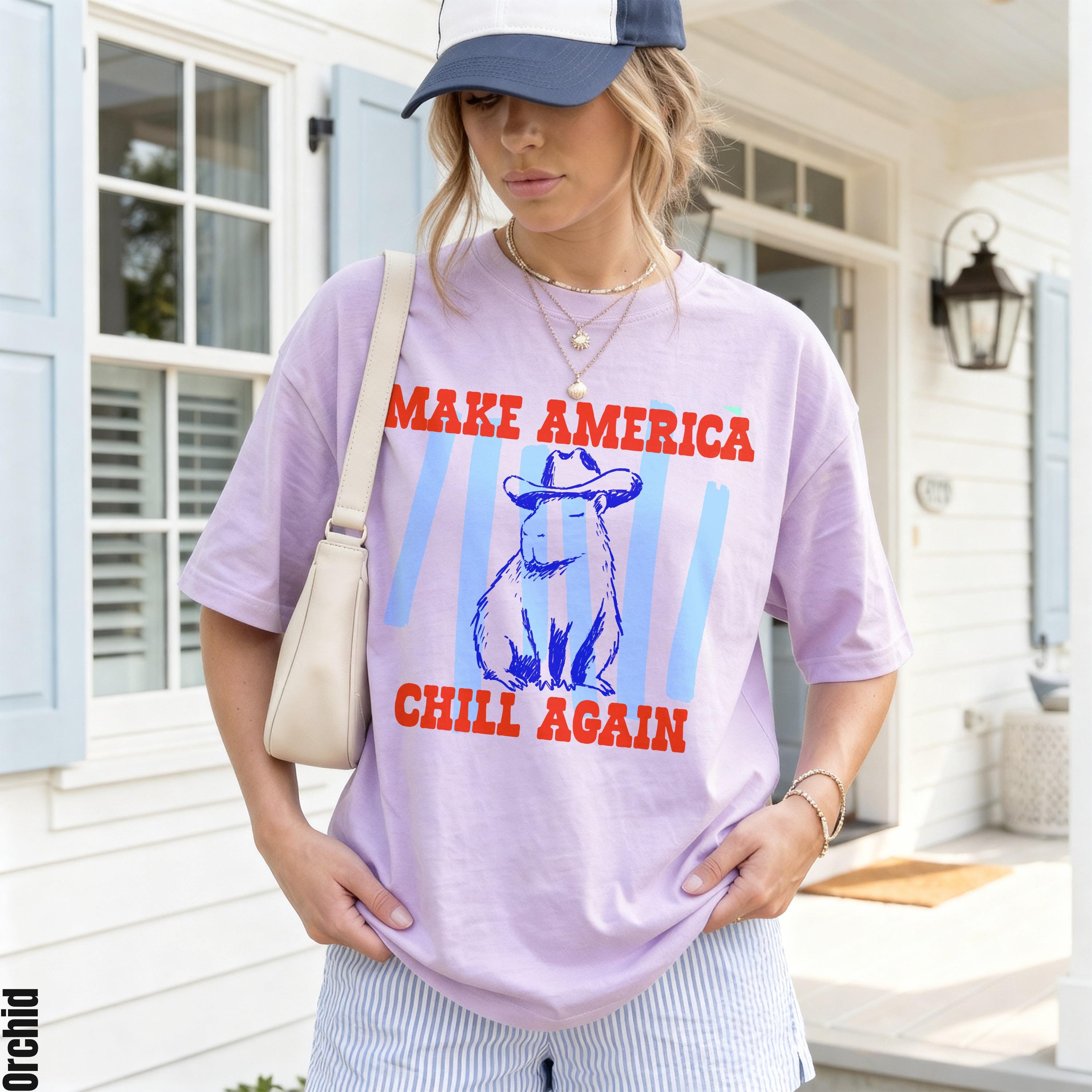 Funny Capybara T-Shirt - Make America Chill Again Cowboy Hat Progressive Liberal Anti Trump Tee Shirt