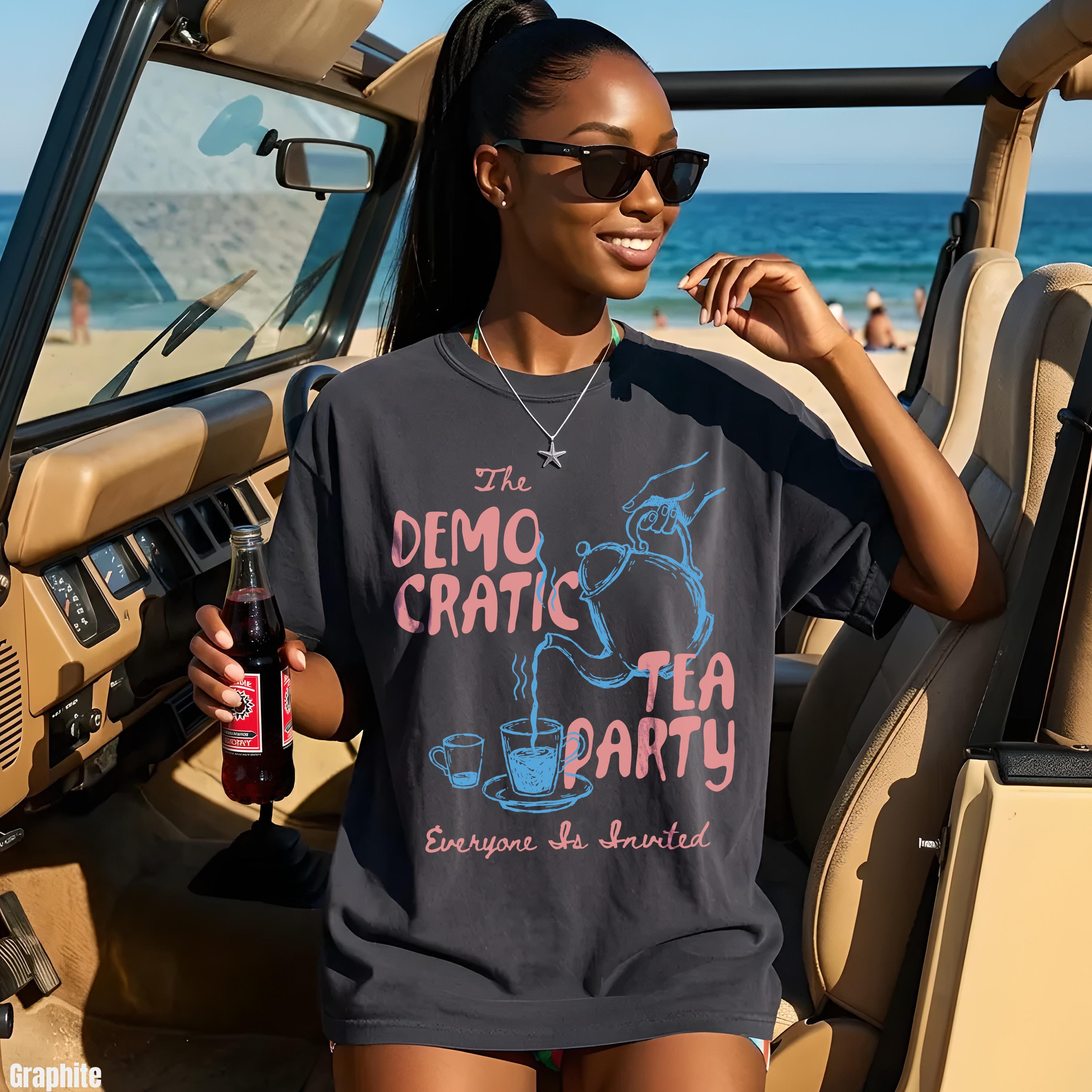 Charcoal grey t-shirt with "The Democratic Tea Party Everyone Is Invited" on the front.