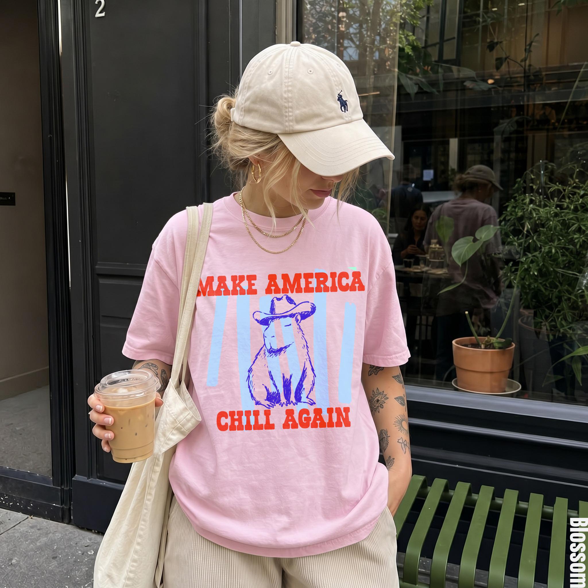 Funny Capybara T-Shirt - Make America Chill Again Cowboy Hat Progressive Liberal Anti Trump Tee Shirt
