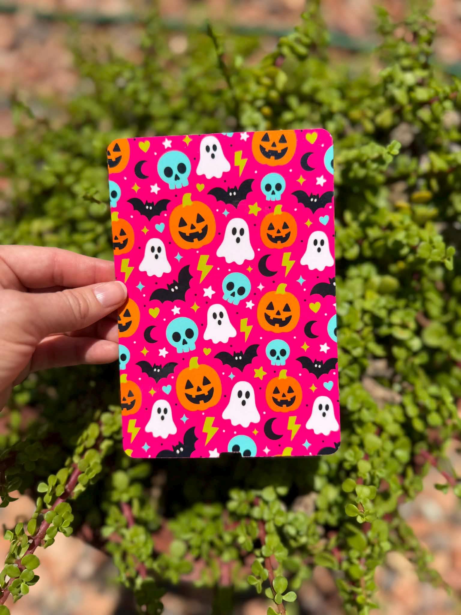 Pink Halloween E-Reader Insert, Cute Ghosts Bats and Skulls, Colorful Spooky Reader Accessory, Clear or Holographic Overlay