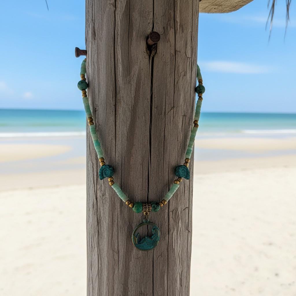 Handmade Turquoise Mermaid Pendant Necklace, Mykonos Brass Beaded, 16 Inch Beach Boho Jewelry