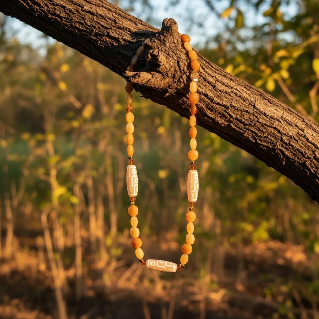Tibetan Dzi Amulet Necklace, Topaz Jade Beaded Necklace, Neutral Boho Gemstone Jewelry, Spiritual Handmade Gift