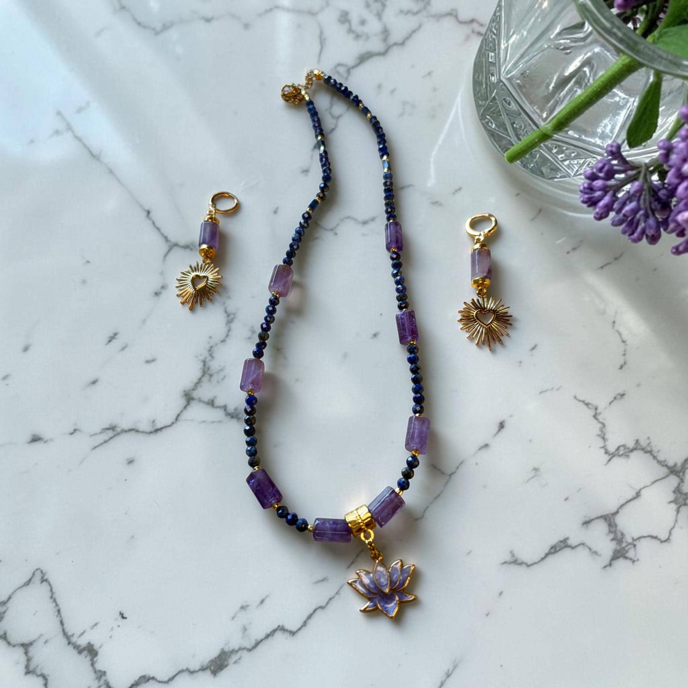 Lapis Lazuli Amethyst Lotus Pendant Necklace and Earring Set, Boho Gemstone Jewelry