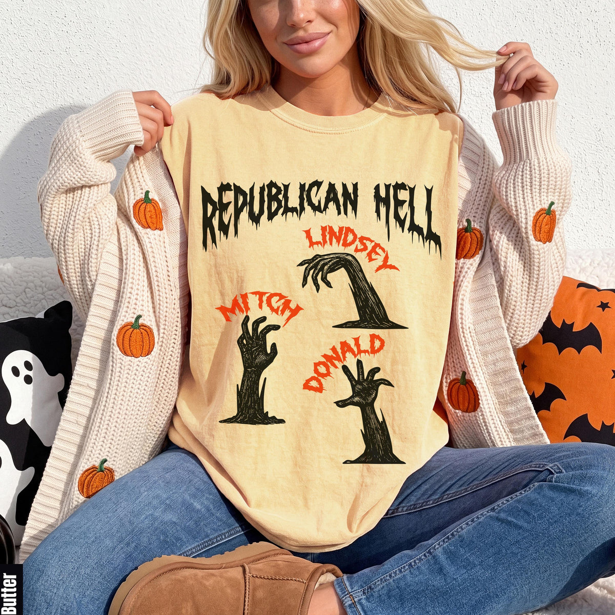 Light yellow t-shirt with "Republican Hell" and zombie hands for Lindsey, Mitch, and Donald.