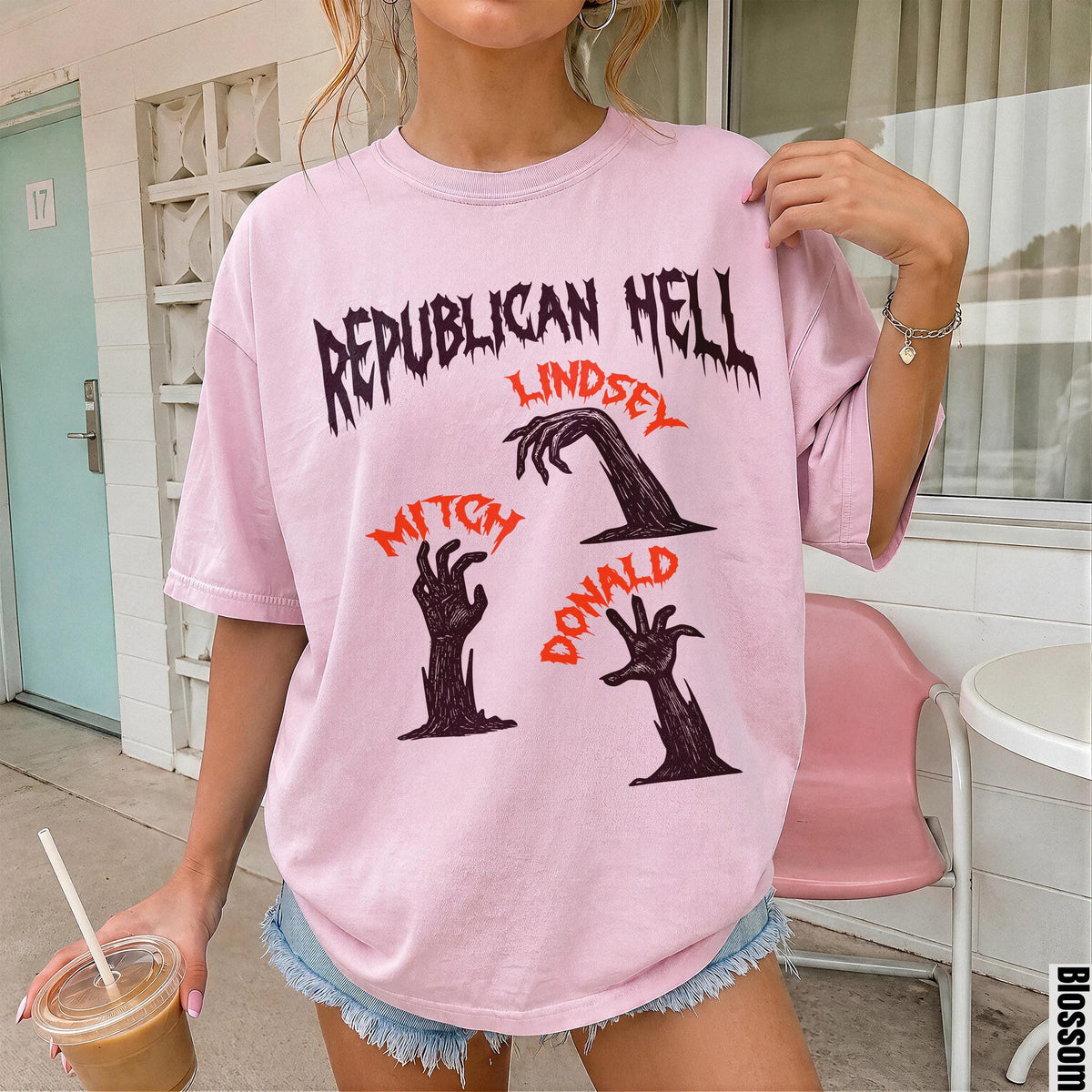 Pink t-shirt with "Republican Hell" text and zombie hands labeled Mitch, Lindsey, Donald.