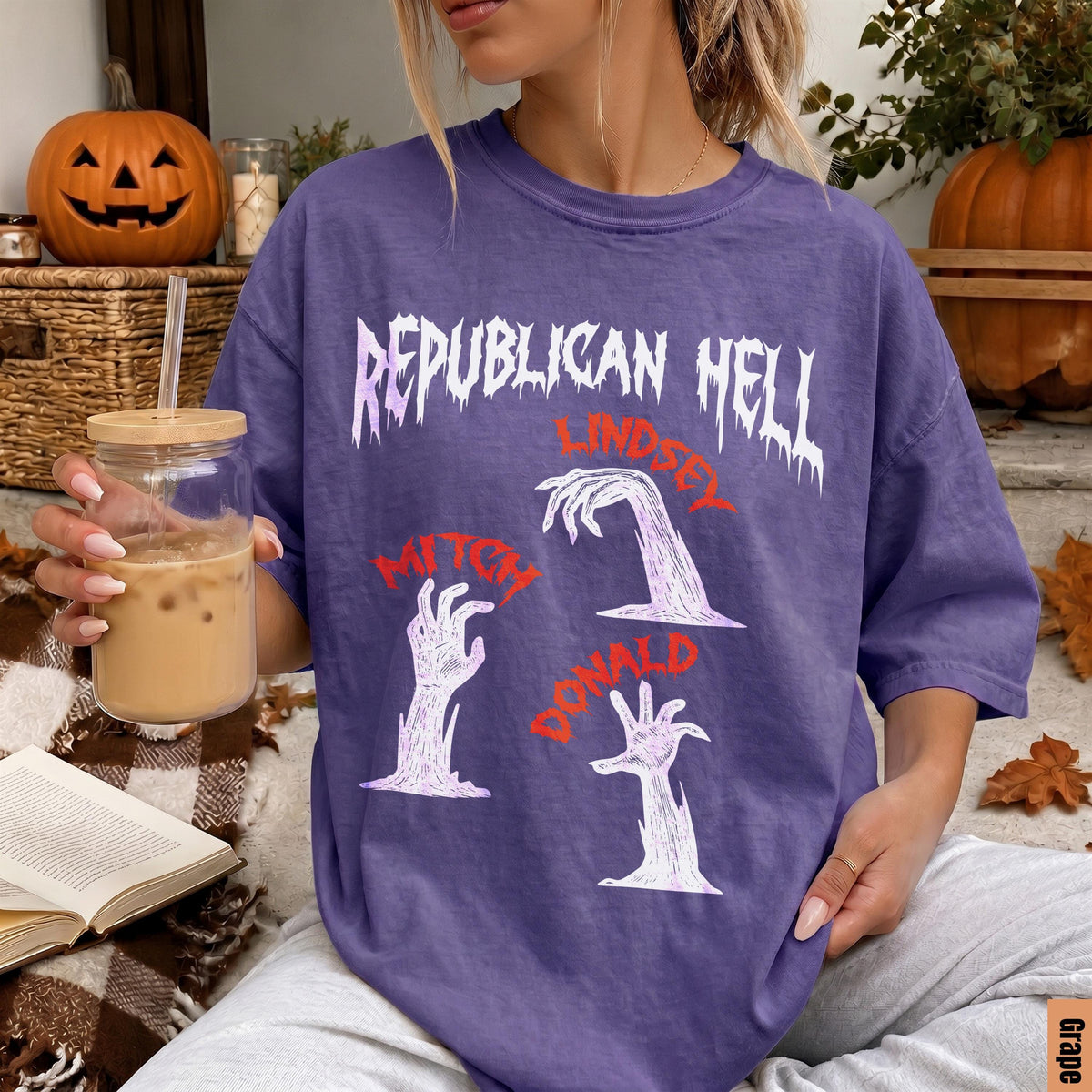 Purple t-shirt with "Republican Hell" and politician names with zombie hands.